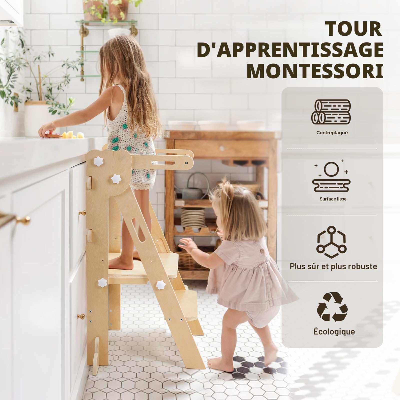 Labebe Tour d'apprentissage pour Enfants, 3 en 1 Montessori Pliable Tour d Observation, Multifonctionnelle Réglable Tour d'apprentissage avec Tableau Double Face à partir de 1 an (Bois)