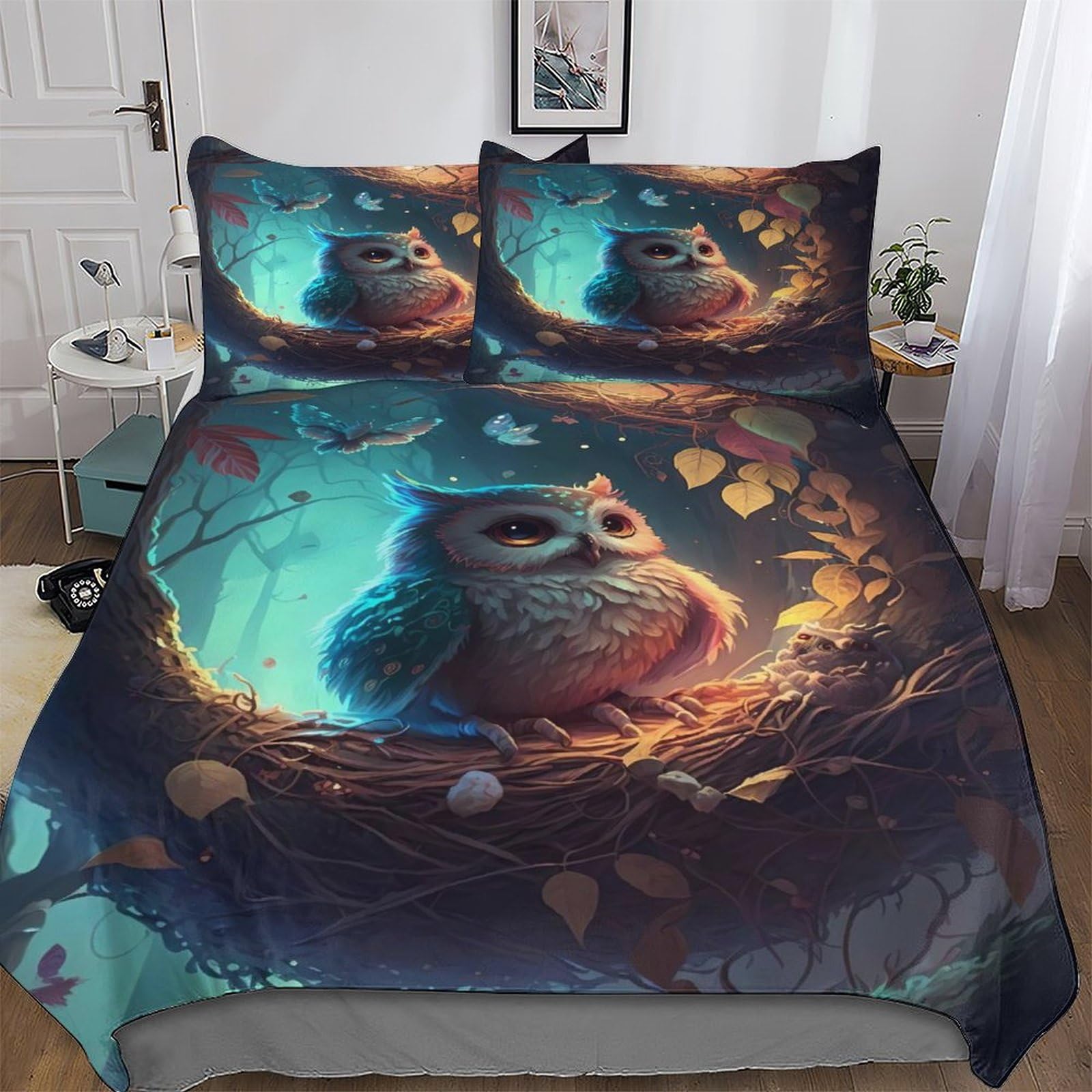 Parure de lit hibou anti-plis en microfibre hypoallergénique pour un sommeil paisible