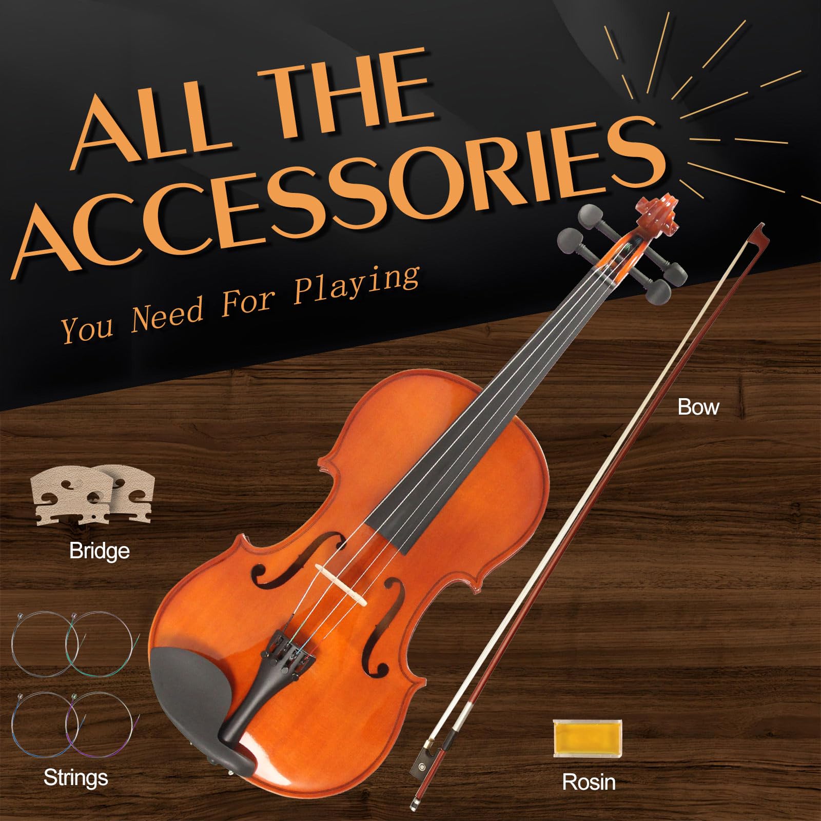 Violín acústico, kit de iniciación de violín 4/4 de tamaño completo para estudiantes principiantes, instrumento musical de cuerda de barniz natural con funda, arco, colofonia, puente, cuerdas