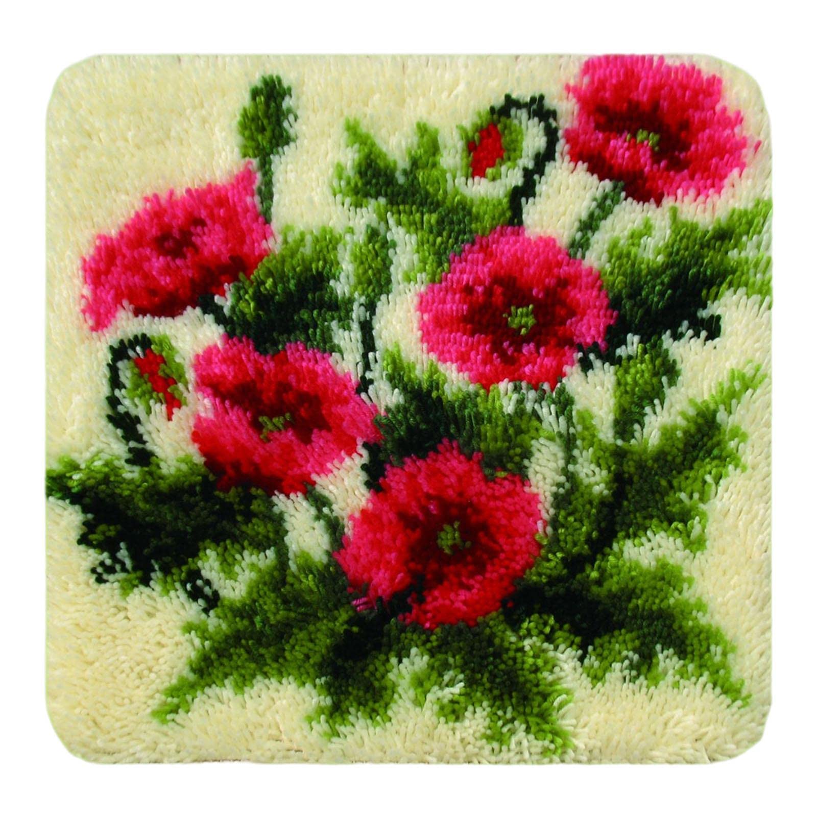 KBOLAE Latch Hook Rug Kits Handmade Square Carpet Mat for Beginners 18x18In Red Bouquet, 45x45cm