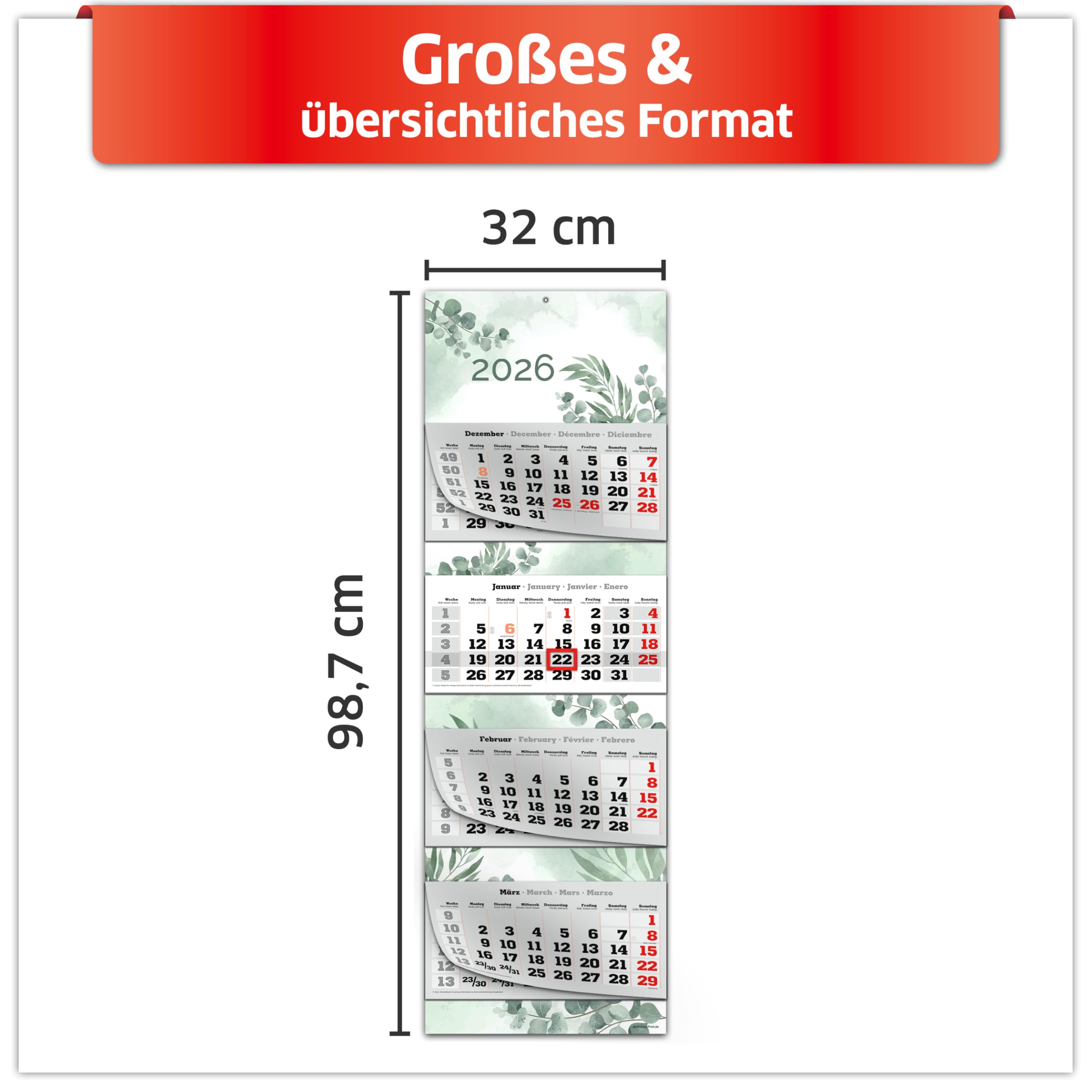 PRIMUS PRINT XXL Calendario 2026 – Multibloc Calendario de pared – Calendario de 4 meses – con fecha deslizante, calendario para colgar – Incluye días festivos y vacaciones – varios diseños – [1 x