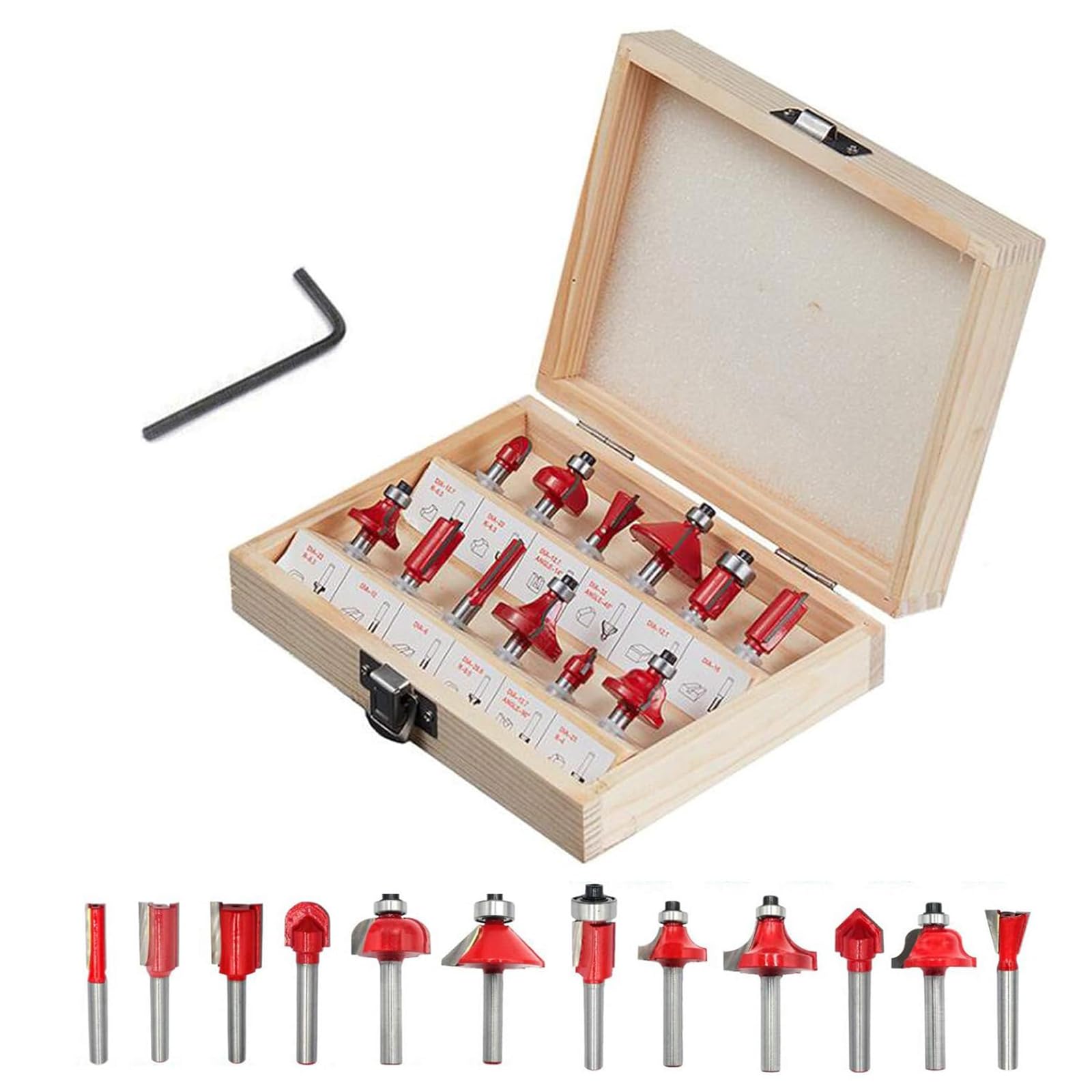 Lot de 12 fraises pour défonceuse à tige de 6 mm - Fraise à rainurer - Fraise à profiler - Avec coffret en bois pour le travail du bois (rouge)