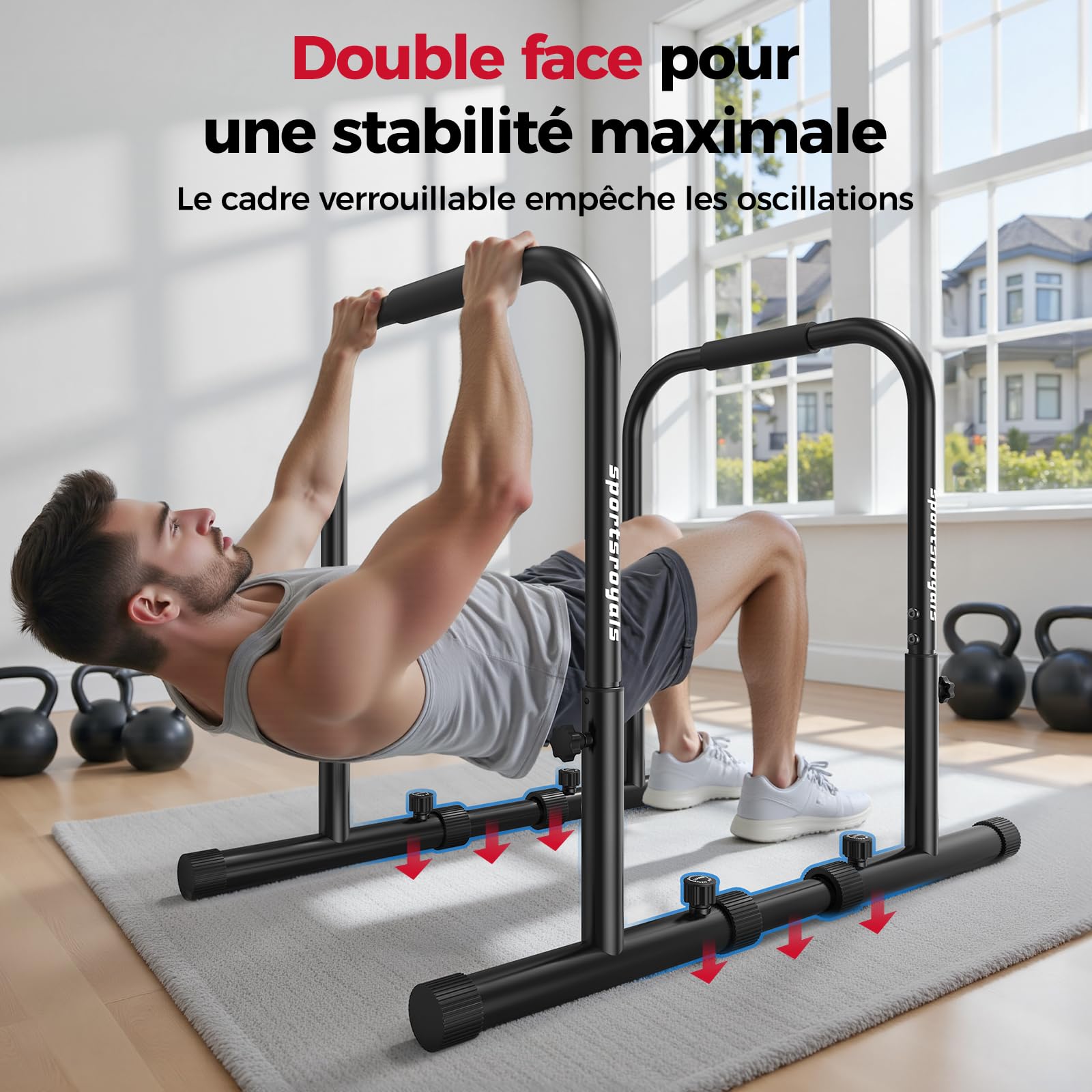 Sportsroyals Barres de Dips Parallèle Musculation Charge 400 kg Sécurité Double Hauteur Réglable 81-96 cm