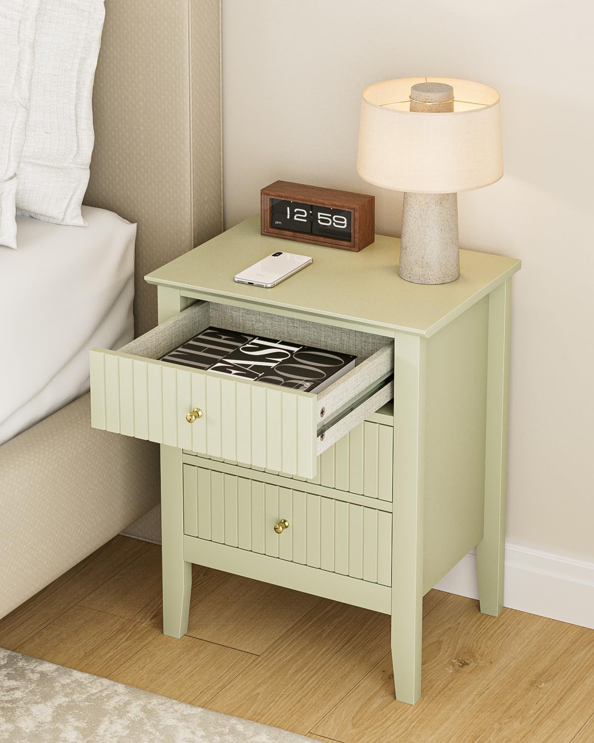 HEYZOEY Comodino con 3 cassetti, comodino, cassettiera, tavolino per camera da letto e soggiorno (verde pistacchio, 45 x 33 x 61 h)