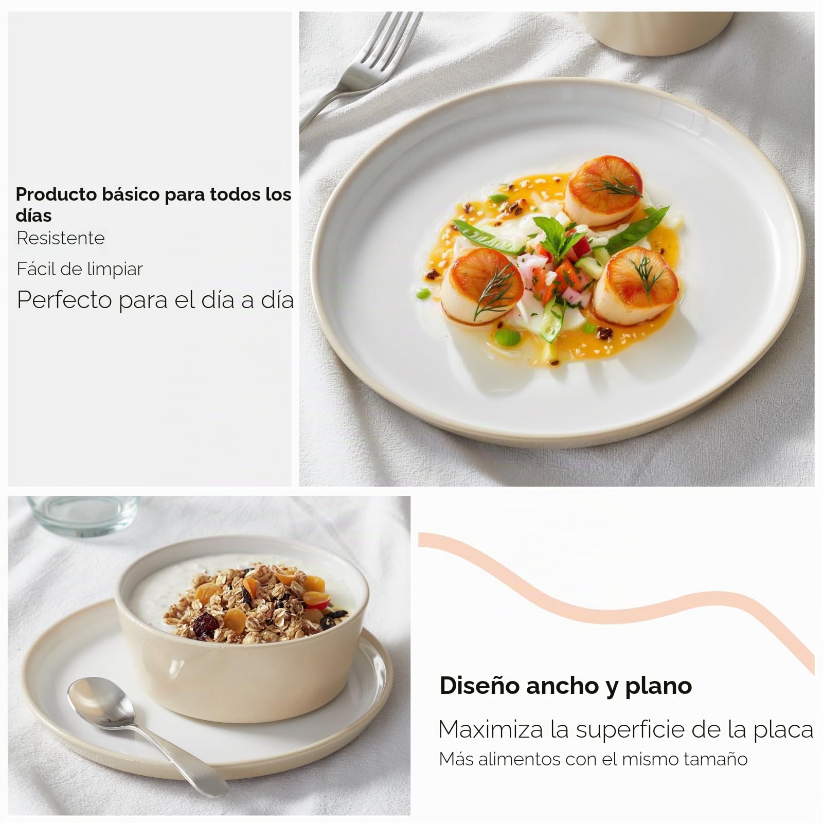 Juego de vajilla para 4 personas, 12 piezas de gres, juego de vajilla moderno, juego de cuencos y platos, 4 platos llanos, 4 platos de postre, 4 cuencos de cereales, diseño rústico de granja, beige