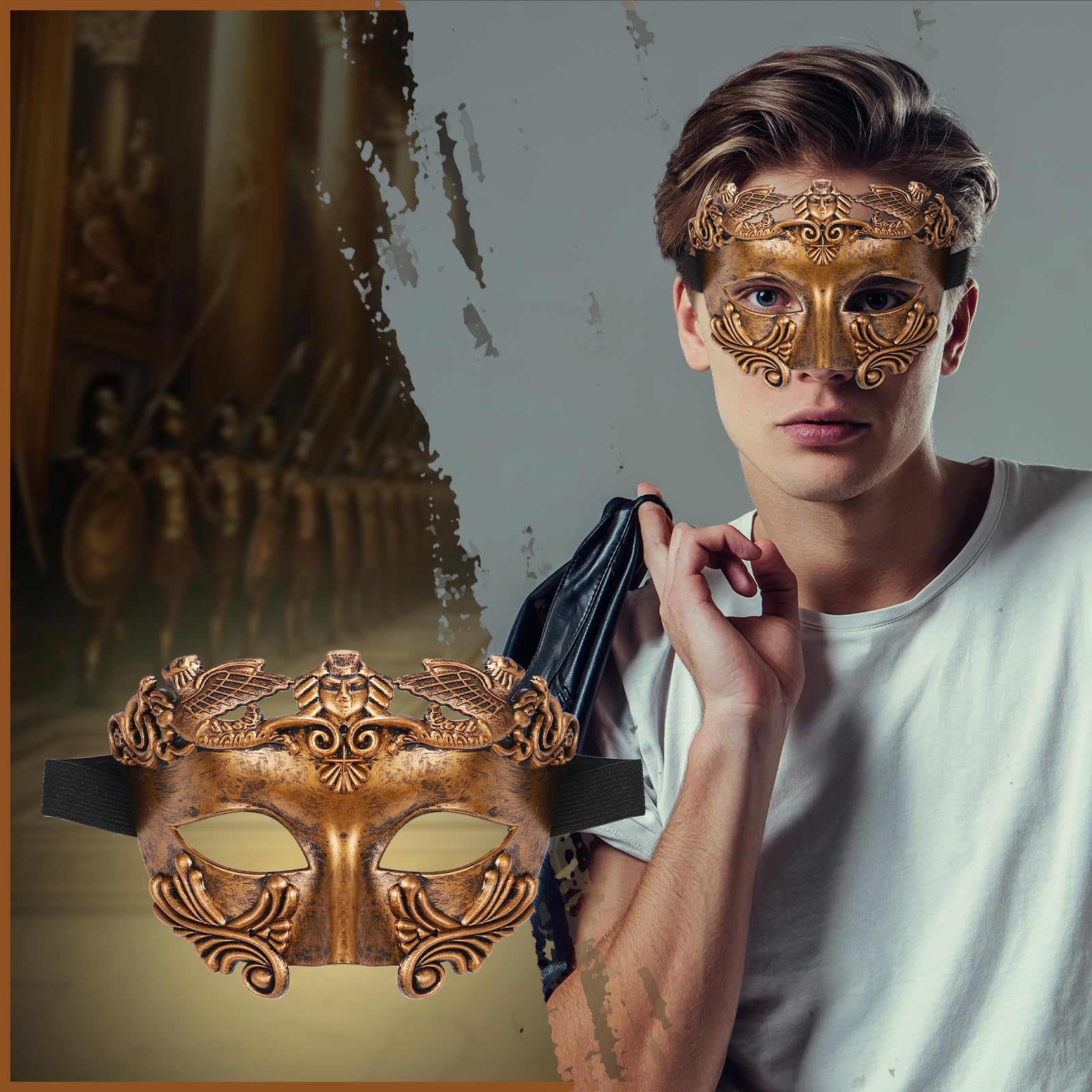 Oidea Masquerade Mask for Men: Ancient Greek Roman Warrior Masks Phantom of The Opera Mask for Halloween Venetian Carnival Mardi Gras Costume Prom Party Gold - Image 2