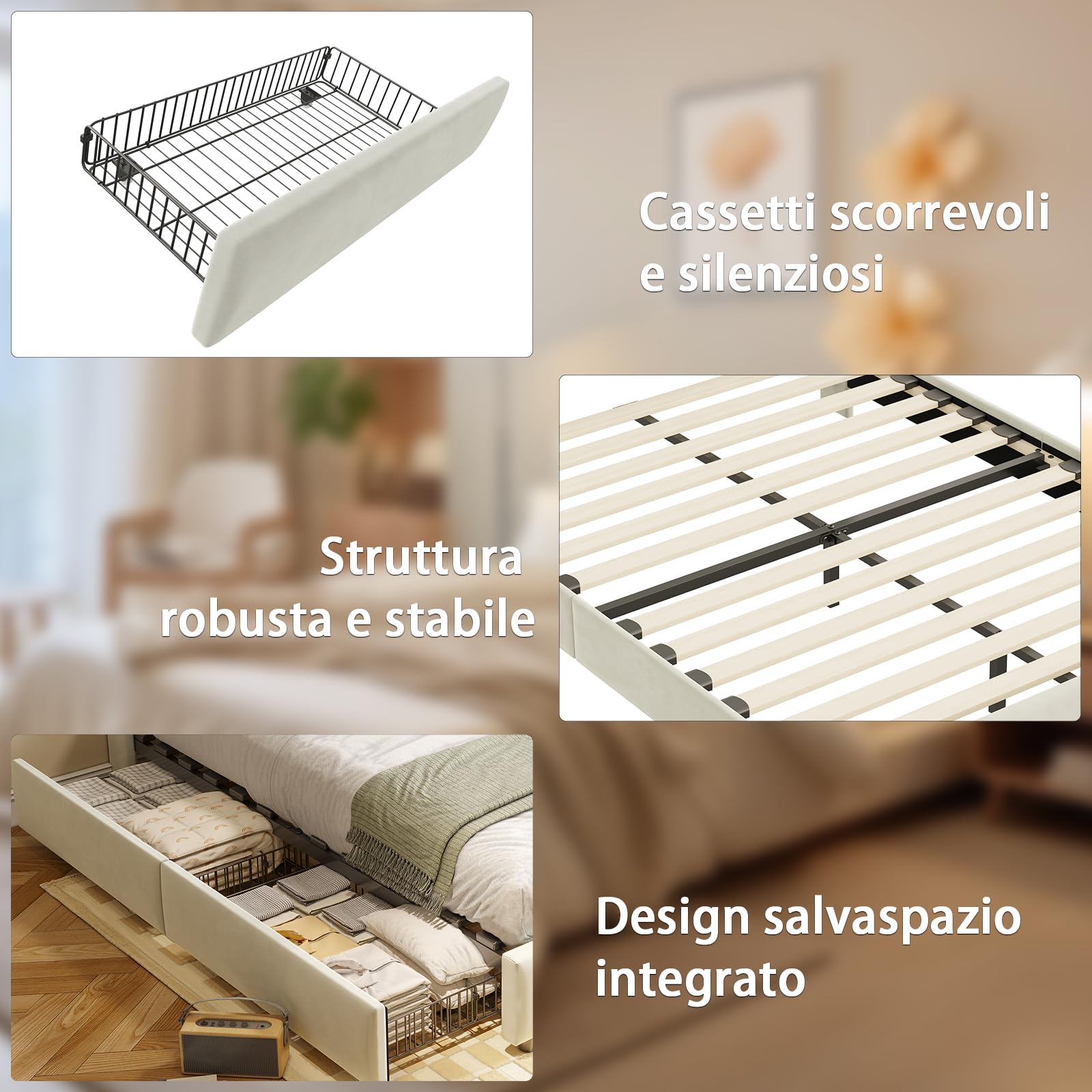 Camas Matrimoniales 160x200 con Luces LED y USB C, Cama Tapizada en Terciopelo con 4 Cajones y Cabecero Almacenaje Multifuncional,Somier Madera,Marco metálico,para Todas Las Edades(Beige-500KG