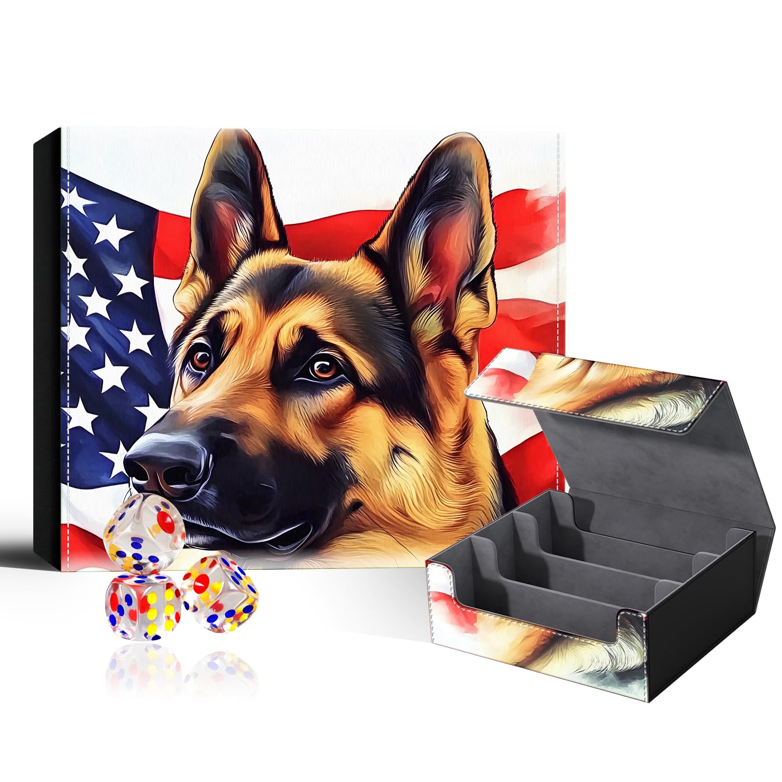 VOGDMKJG Trading Card Deck Box Fit 1800+ Single Sleeved Cards,PU Leather Magnetic Closure Card Storage Box With 3 Dice For MTG/TCG/PTCG/Magic/Sport Card Storage Case Large 3 ROW Design Dog Flag