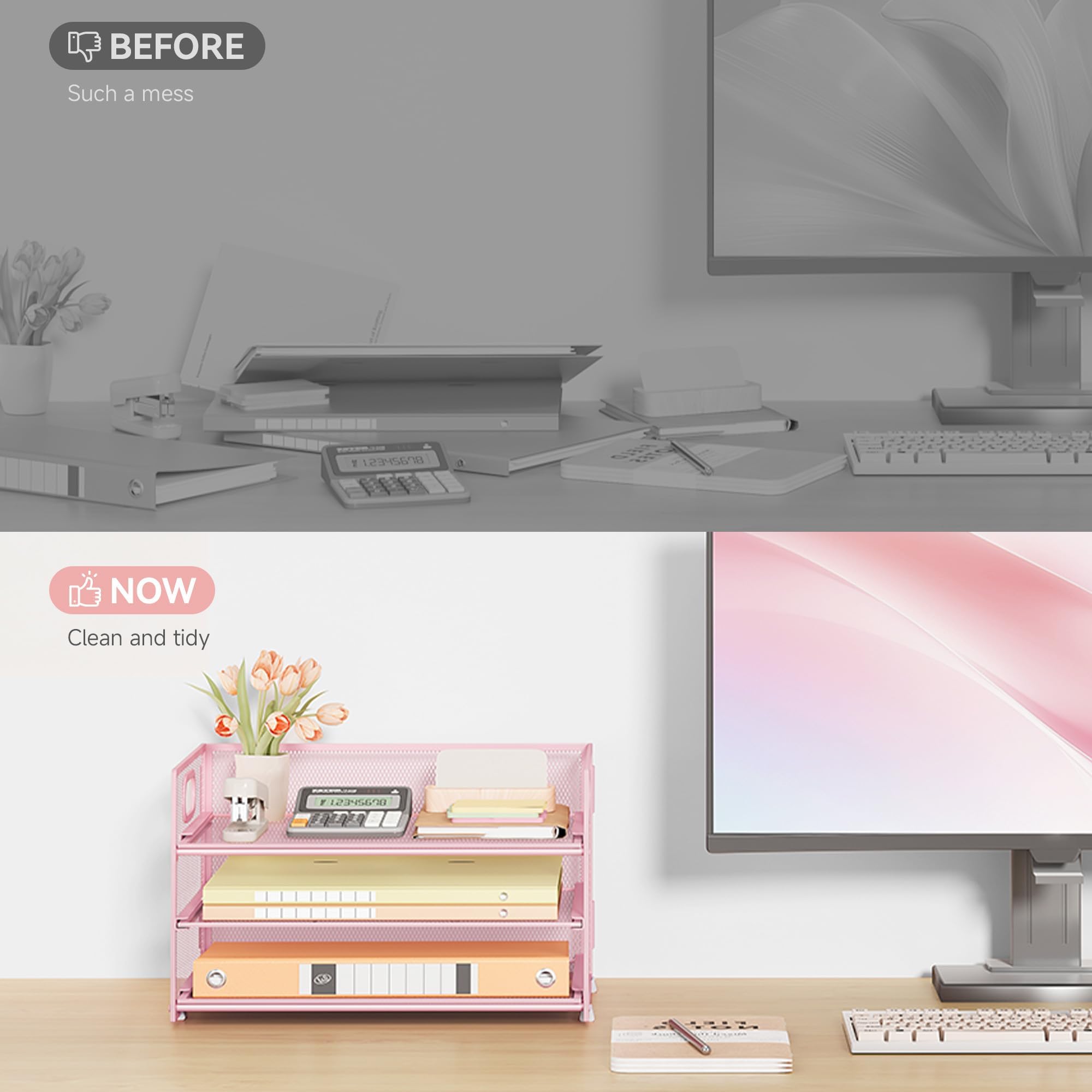 VITVITI Organiseur de Bureau 3 Étages avec Poignée, Pochette A4, Rangement Treillis Métallique Rose