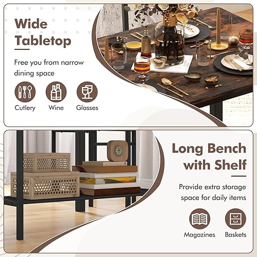 Miniatura 3 de GOFLAME Juego de mesa de comedor de 4 piezas para 4, mesa de cocina industrial con 2 sillas y banco, juego de mesa de desayuno que ahorra espacio