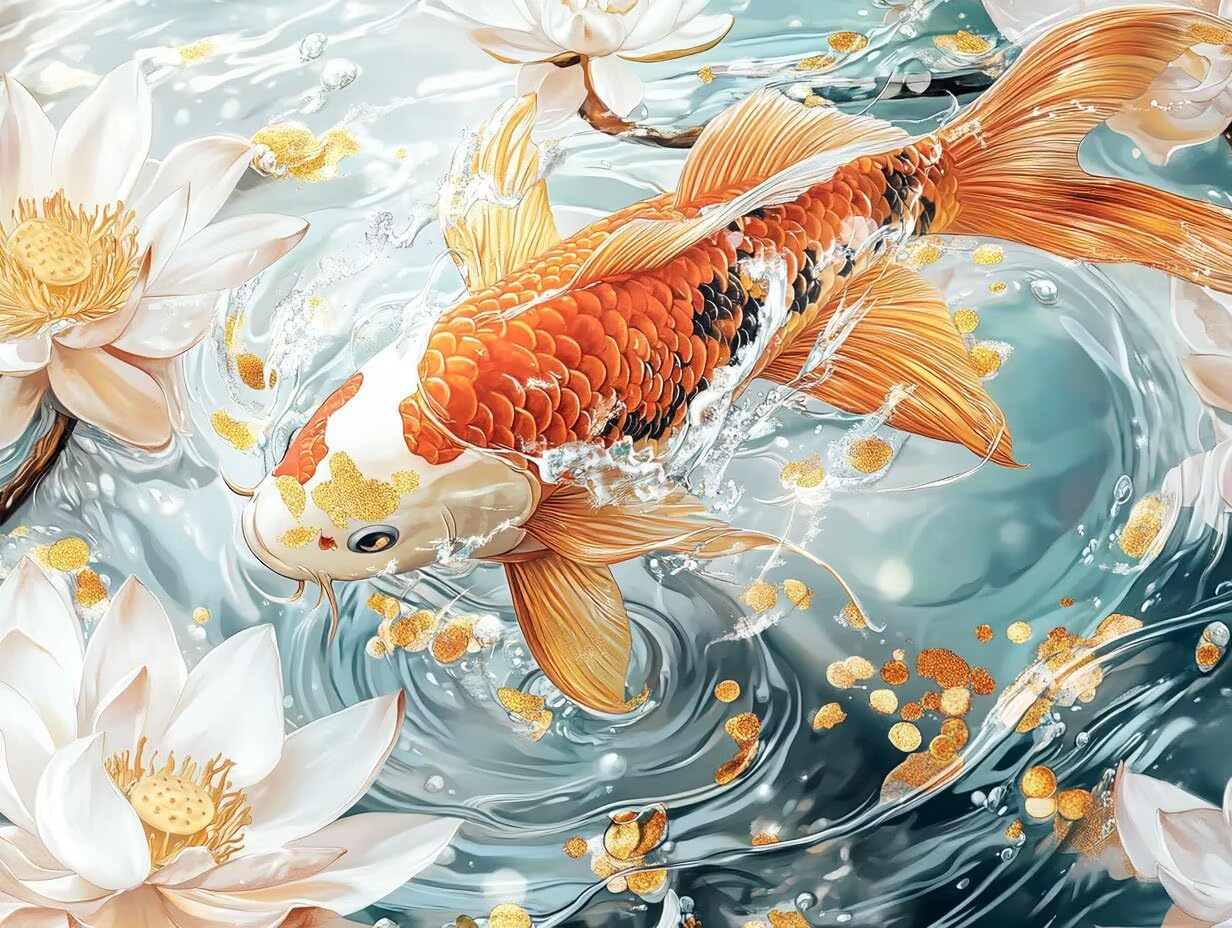 Pesce Stagno Dipingere con i Numeri per Adulti e Bambini, Kit Pittura a Olio Fai da Te 70x90cm, Set Completo di Pennelli e Colori Acrilici, Colorare Principianti Decorazione Casa (Senza Cornice) H-926