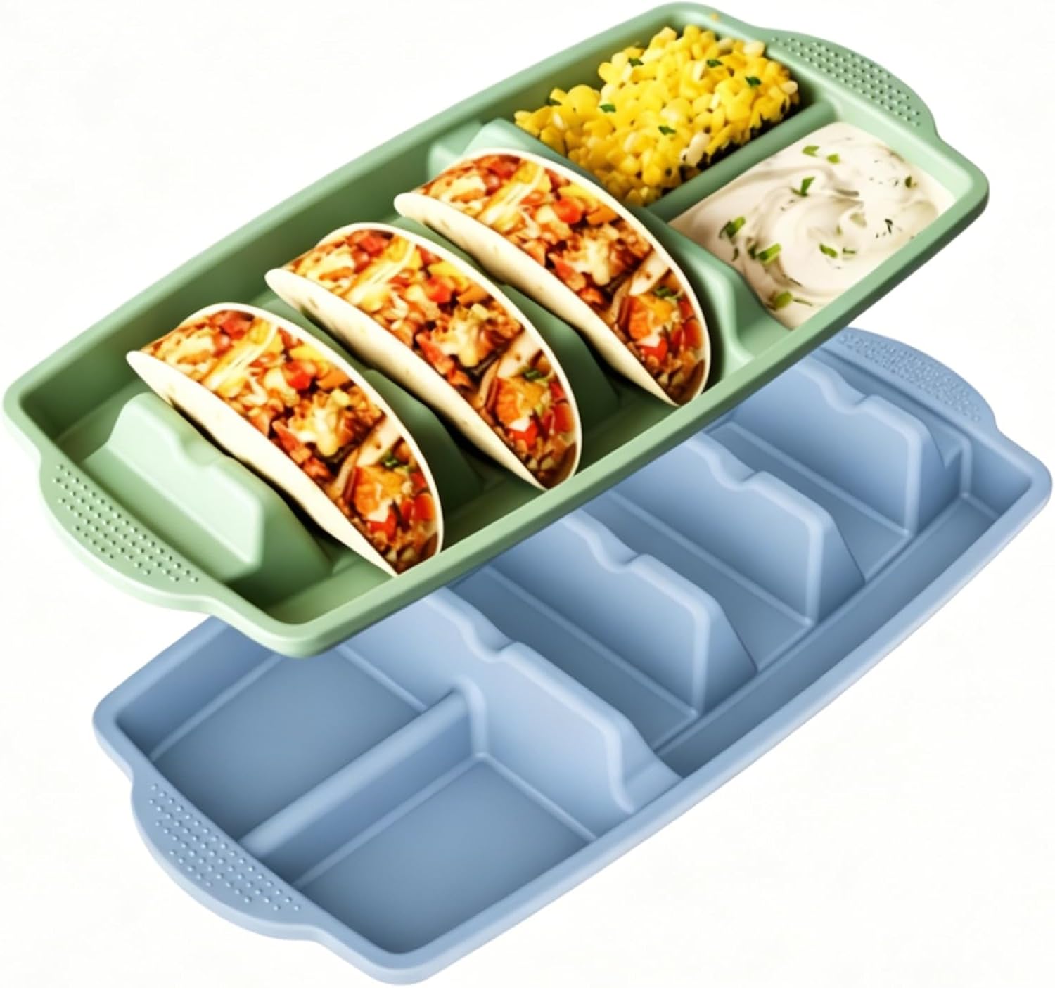 Silicone Taco Holder Plates, 2-Pack Taco Plate Tray for 4 Tacos, Taco Stands for Soft & Hard Shells, Taco Night Serving Plates with Compartments, Stackable & Dishwasher Safe