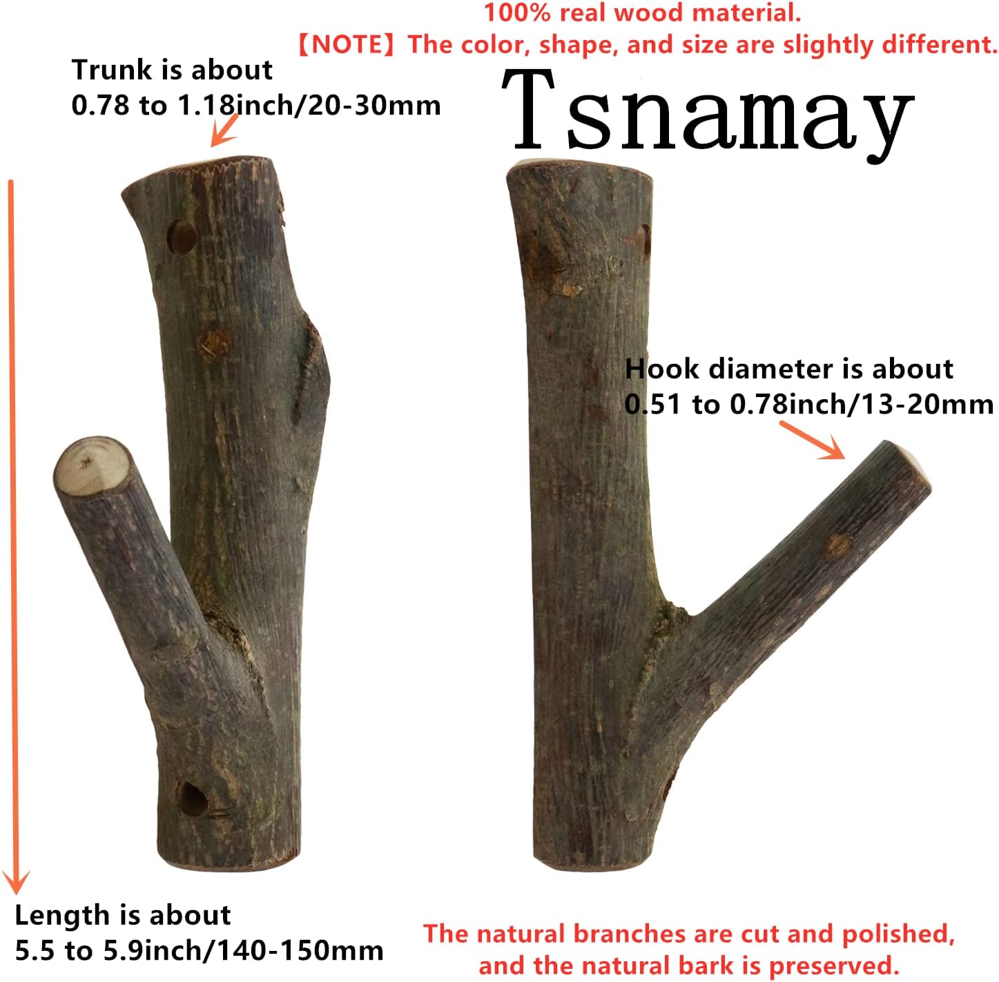8Pcs Real Wood Tree Branch Wall Hook, Farmhouse Rustic Decorative Wooden with Bark Trunk Thickness 2cm-3cm with Screw