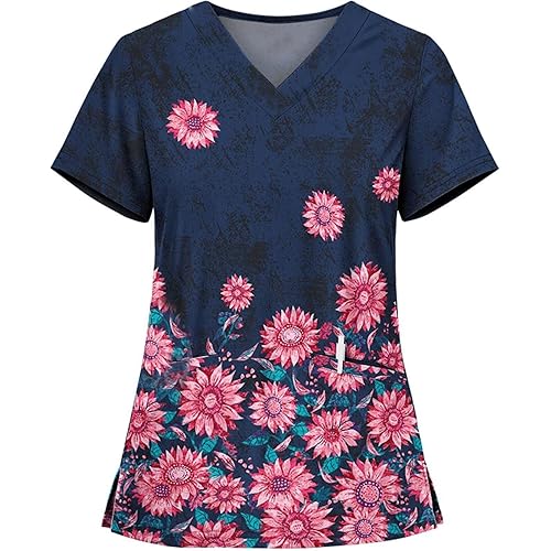 HXHYQKP Womens Plus Size Scrub Tops 2024 Print Nurse Uniforms for Women Short Sleeve V-Neck Shirts Tops with Pockets