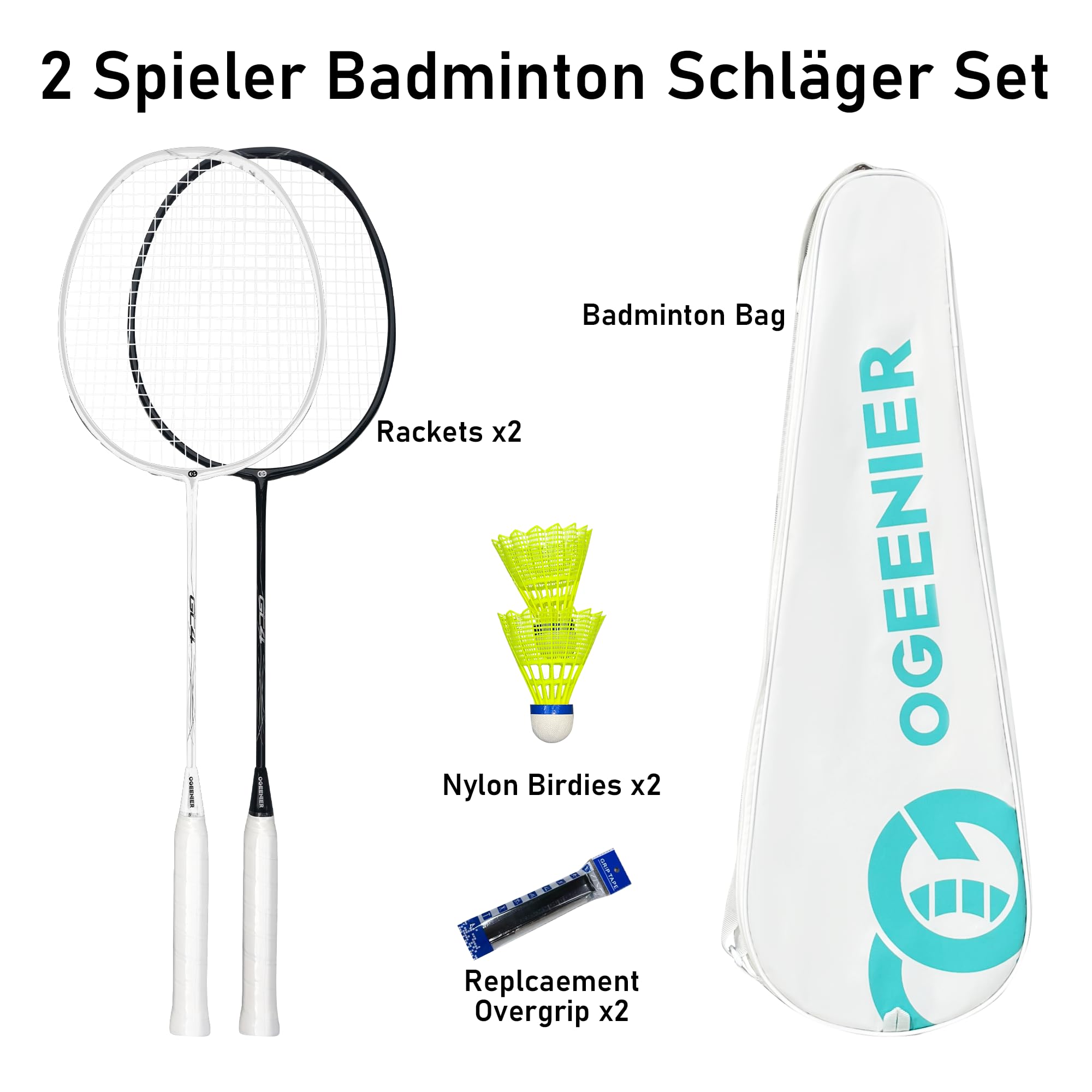 OGEENIER 3U Badminton Set Federball Set Badmintonschläger Profi mit Tasche | Federball Set: 2 Badmintonschläger, 2 Federbälle, 2 Griffbänder + Tasche. Ideal für Freizeit & Turnier.