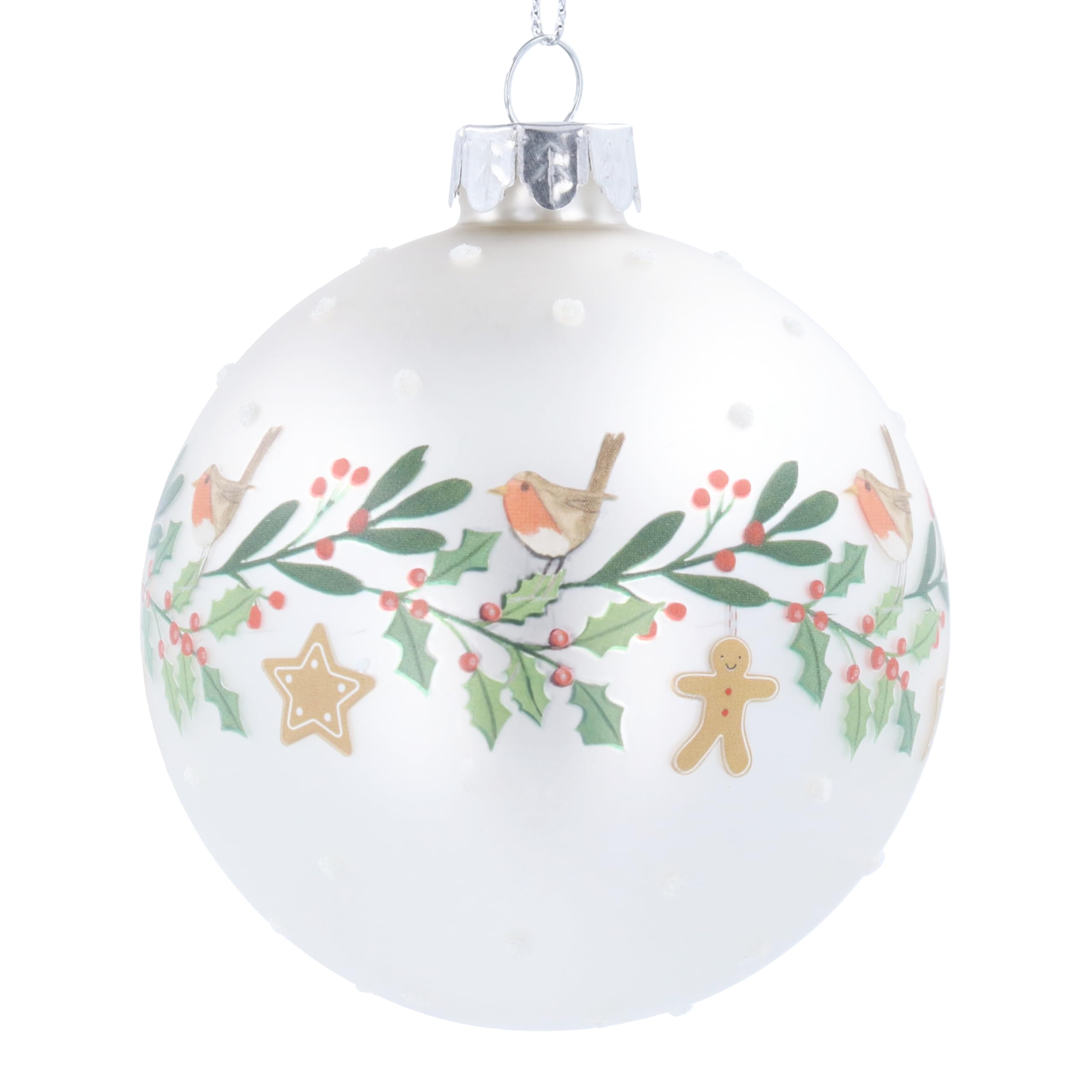 Gisela Graham Men's White Robin And Gingerbread Glass Bauble, 8Cm