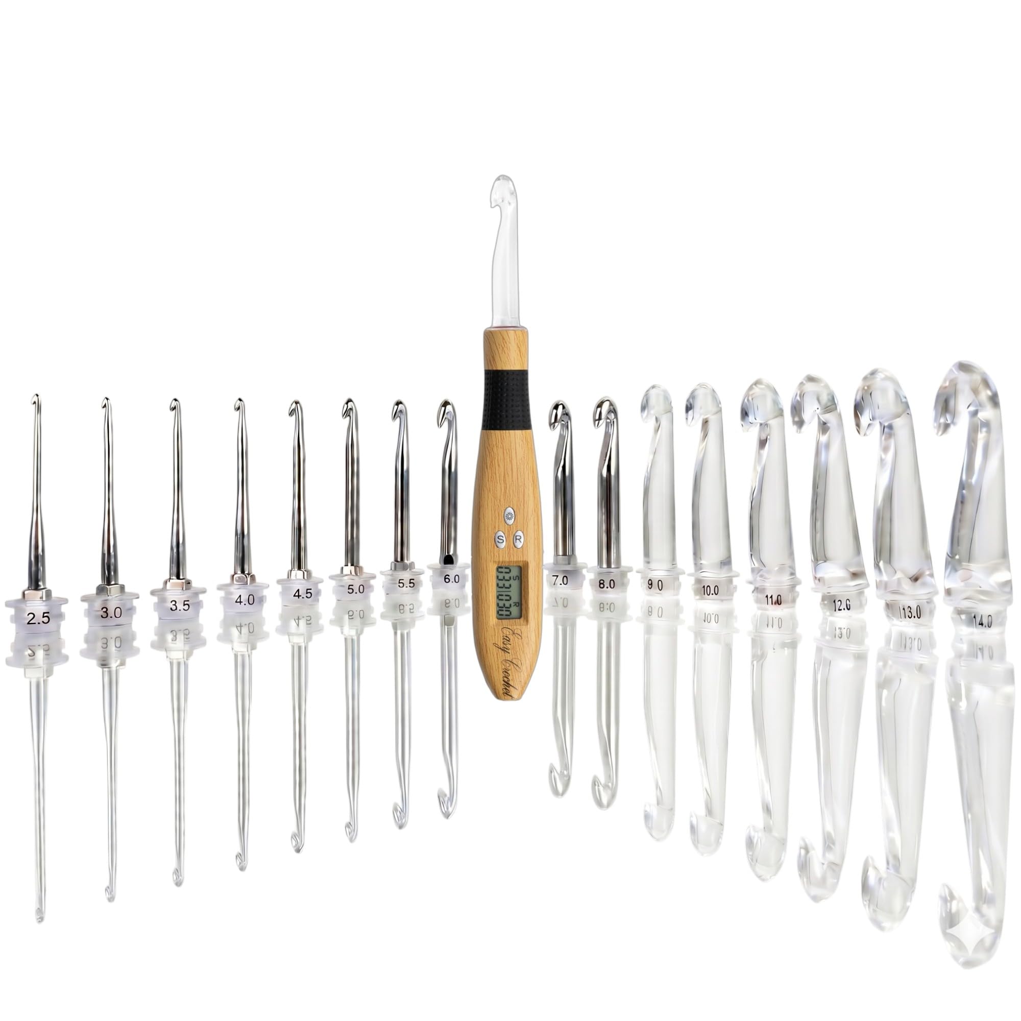 Easy Crochet 18-Piece Digital Counting Hook Set with Light Up LED Handle – 2 Ergonomic Handles & 18 Interchangeable Heads (2-14mm) – Rechargeable Lighted Crochet Hooks with Stitch & Row Counter