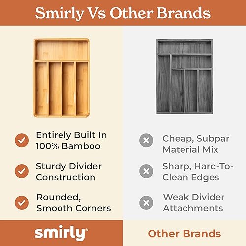 Vista 7 de SMIRLY Organizador de cajones de cubiertos – Organizador de cajones de cocina de bambú, soporte ajustable para utensilios y bandeja de cubiertos