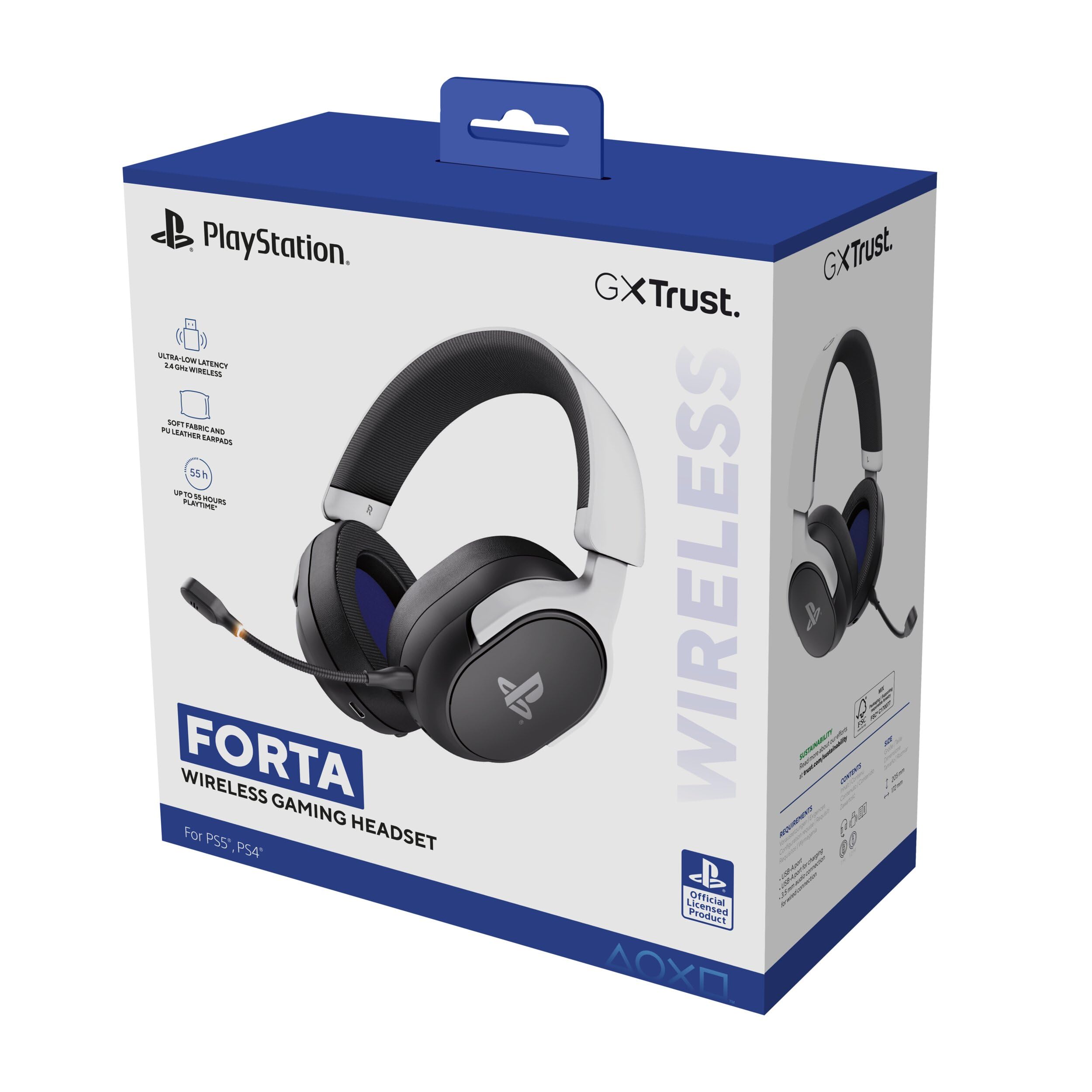 GXTrust 499BW Forta Cuffie Gaming Wireless con Licenza Ufficiale PlayStation 5, 2.4G Bassa Latenza, Ricevitore USB, 55 Ore di Gioco, Driver da 50 mm, Cuffie da Gaming PS5 Over Ear, Nero/Bianco