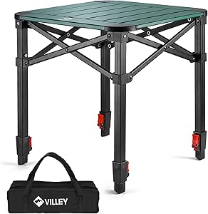 VILLEY アウトドアテーブル 折りたたみテーブル 組立不要 ロールテーブル キャンプテーブル 50x50cm 高さ55.5～65.5cm調節可能 アルミ材質 軽量化 持ち歩く便利 耐荷重60kg キャンプ バーベキュー ハイキング ピクニック 収納袋付き グリーン