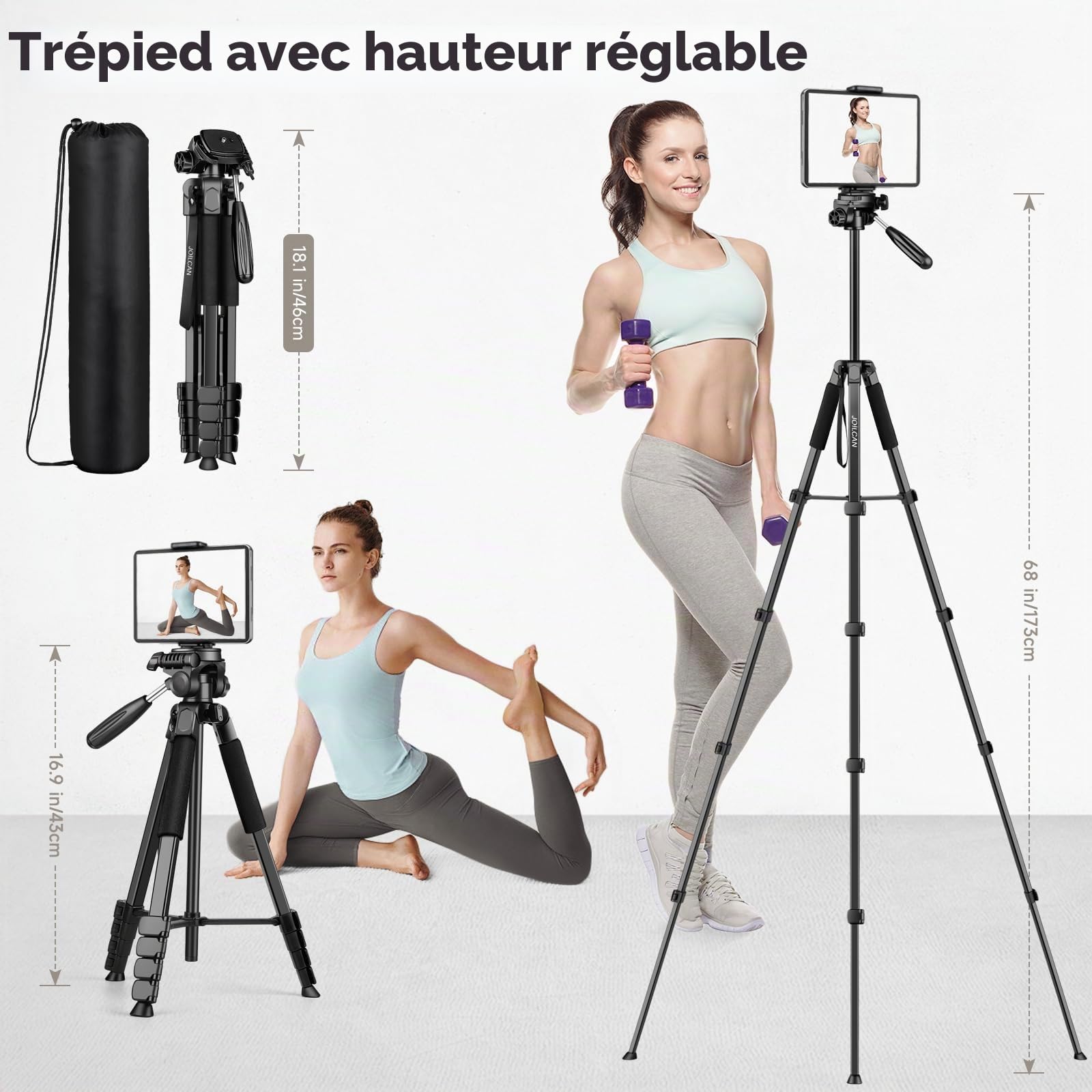 JOILCAN Trepied Appareil Photo, 173cm Trepied Smartphone Léger en Aluminium avec Détachable à 3 Voies, Trépied pour iPhone/iPad/Caméra/Téléphone avec Télécommande et Support pour Téléphone Tablette