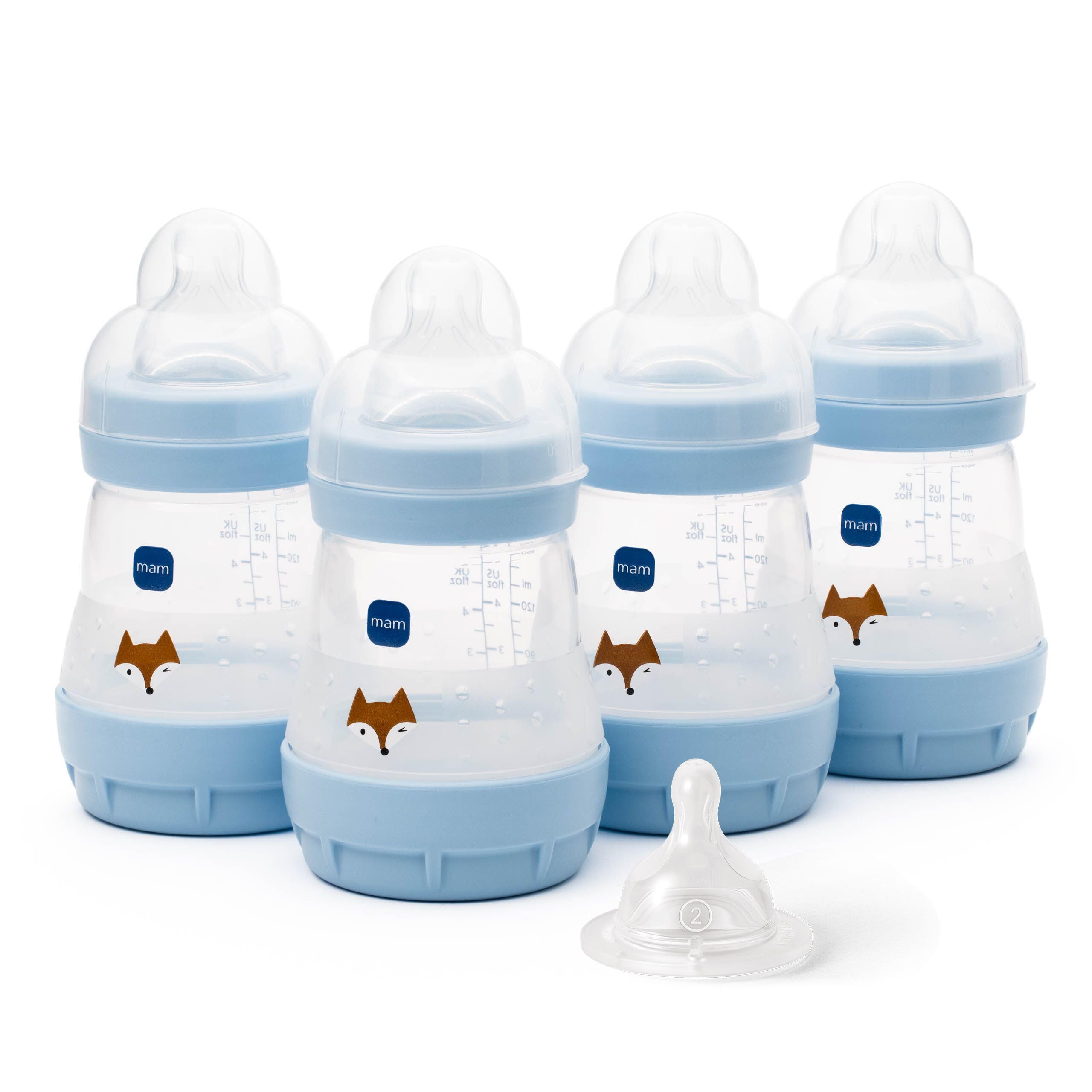 MAM Easy Start Anti-Colic Baby Bottles | 4 Pack (4X 160ml) | Self-Sterilising Baby Milk Bottle | Slow Flow MAM Teats Size 1 + 1x Medium Flow Teat Size 2 | Linen (Various Designs) — view 9