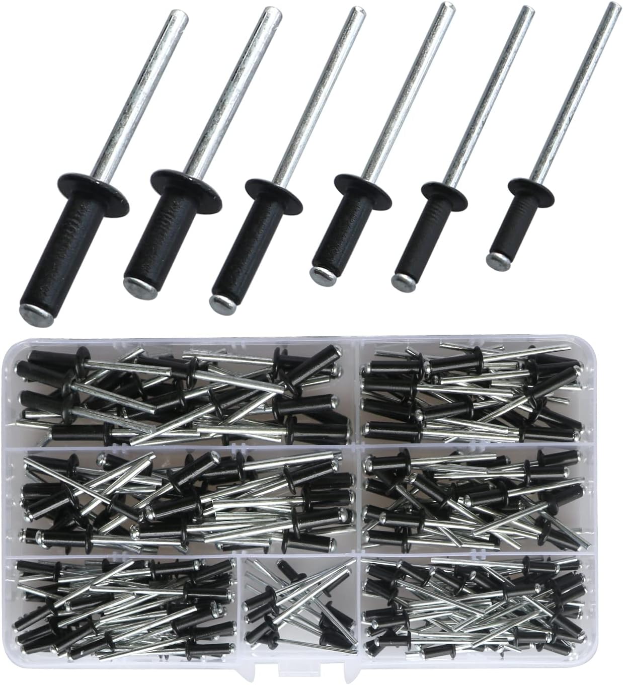Pop Blind Rivets Set, 210pcs Aluminum Dome Large Flange Riveter Assortment Kit (3.2/4/5mm) (8/10/12/14/16) for Metal, Storage Box, Furniture, Marine (Black)