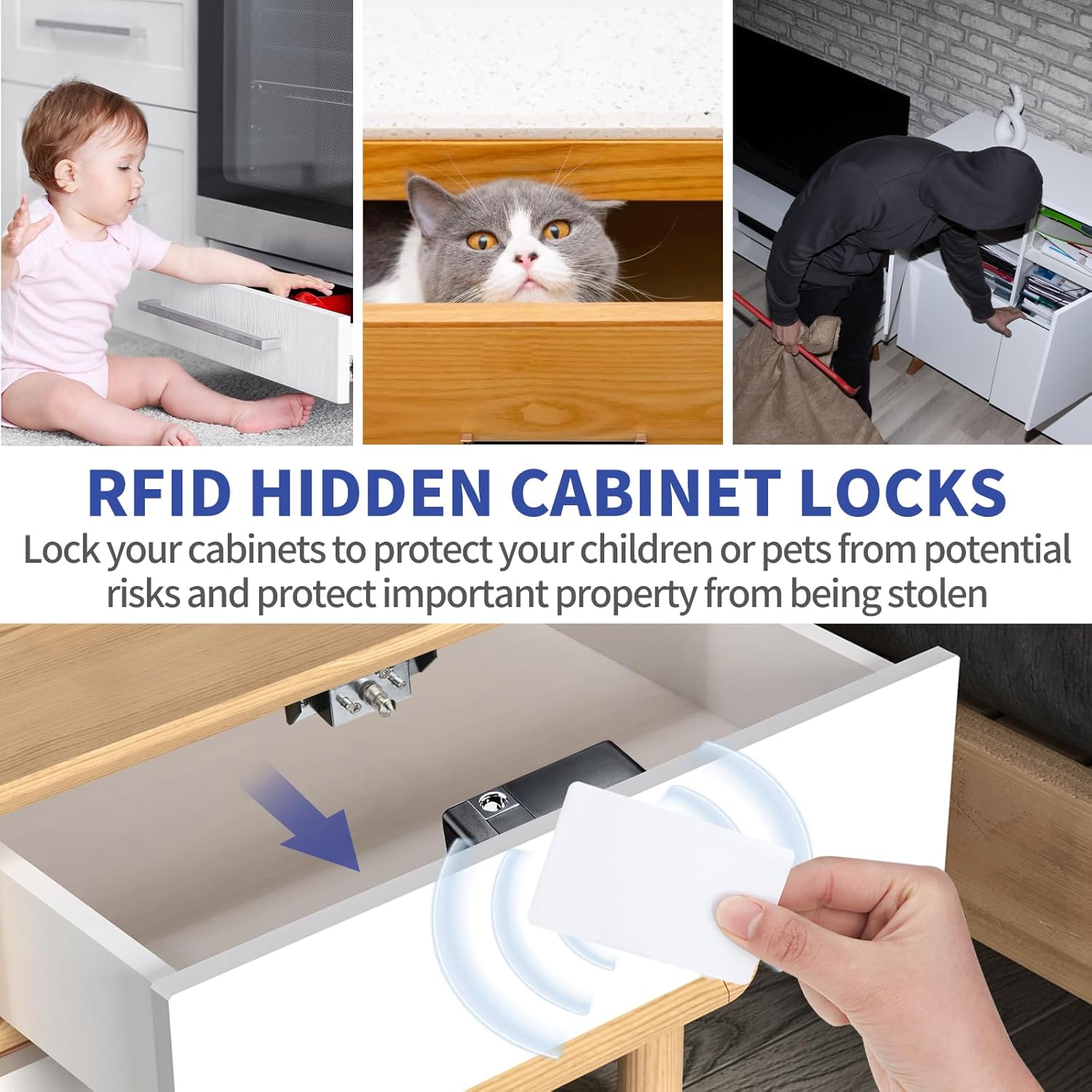 Diagram showing the hidden installation of the RFID cabinet lock inside a drawer, with an RFID card being used to unlock it.