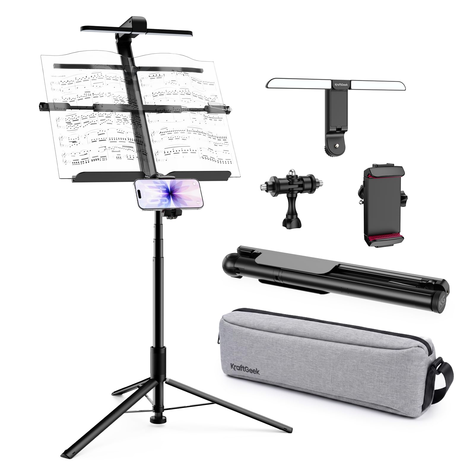 KraftGeek Kit di leggio portatile da 167,6 cm – Leggio pieghevole per spartiti da viaggio, include luce LED, borsa per il trasporto e supporto universale per telefono e tablet
