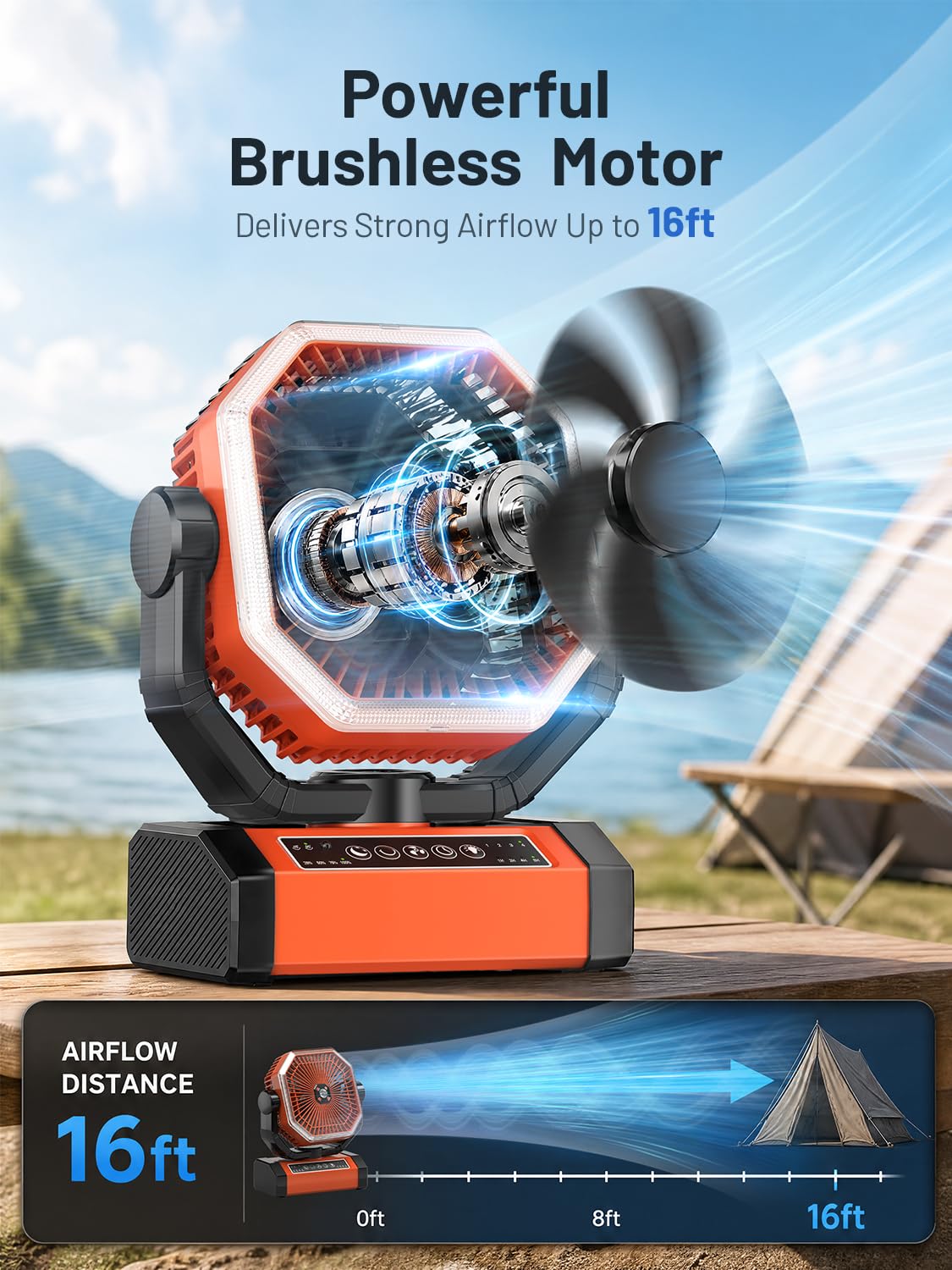Ventilatore alimentato a batteria, 22,9 cm, ricaricabile, portatile, 24000 mAh (60 ore), ventilatore da campeggio per tenda, oscillazione automatica senza fili, ventilatore da campeggio con