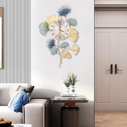 Miniatura 4 de Reloj de pared creativo de metal con diseño de hoja de ginkgo  30 pulgadas, diseño artístico silencioso sin tictac, hoja azul y dorada, decoración