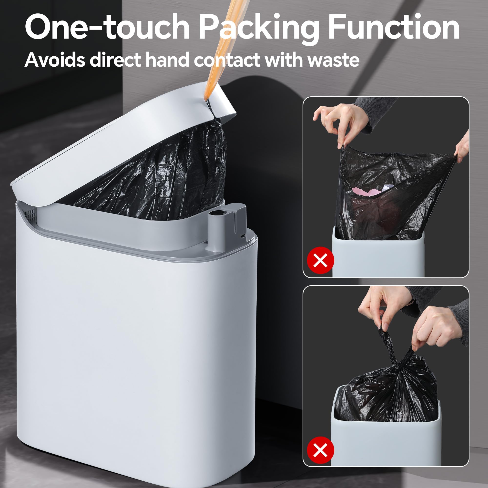 CTIME Cubo de basura de baño con tapa, cubo de basura delgado de 3.5 galones con sensor sin contacto, bote de basura inteligente de succión automática, adecuado para dormitorios, oficinas, cocinas y