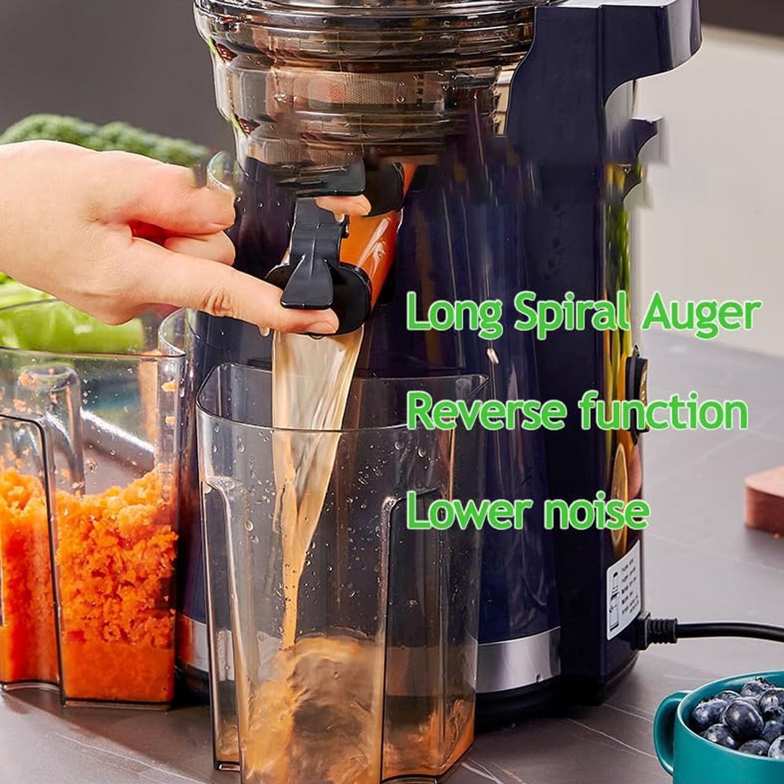 Extractor de Jugo 250W, Extractor de Jugo de Gran Calibre, Exprimidor Lento, Exprimidor Lento de Prensa en Frío, Exprimidor Centrífugo Compacto Antigoteo, Exprimidores Masticantes Eléctricos blue