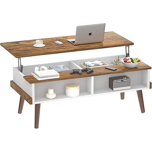 Aheaplus Lift Top Coffee Table with Storage, 43.3" Modern Coffee Table Lift Tabletop Wood Pop Up Coffee Table with Open Shelf for Living Room, Home Office, Rustic Brown and White