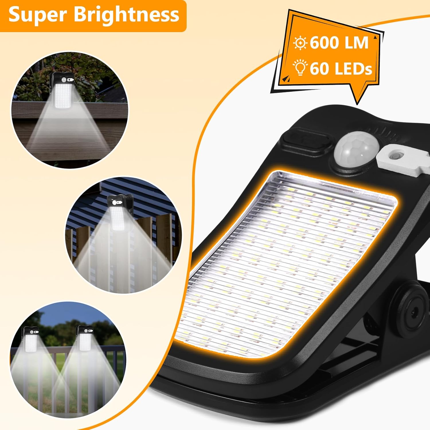 Clip on solar lights outdoor with motion sensor, Solar Fence Lights with 60 LEDs(6000K), 1500mAh Battery with Dual Charging, IP65 waterproof Security light for Chain Link, Gutter, Camping (2 Pack)