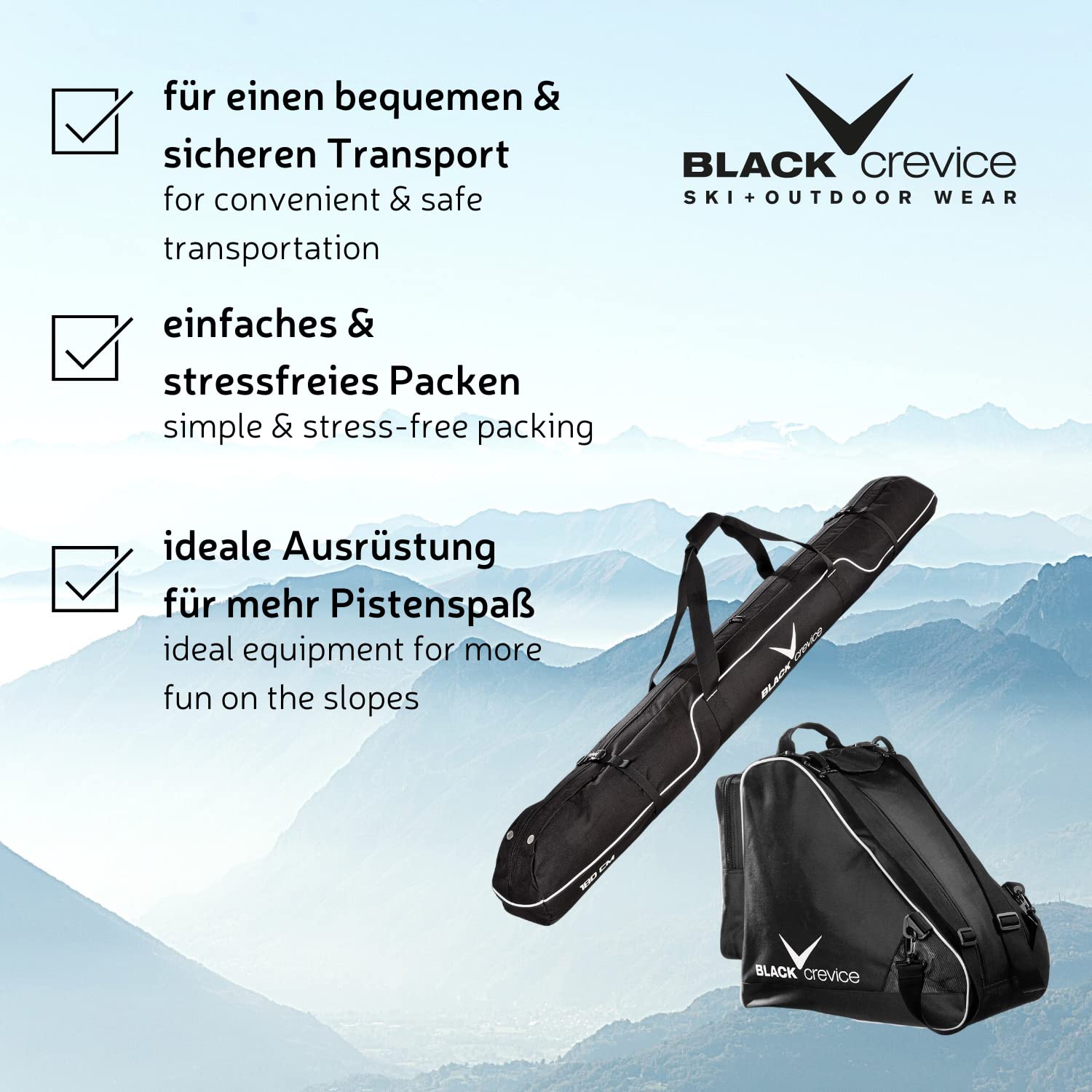 Black Crevice Set de Sacs de Ski I Set Combi I Robustes 600D/PVC I avec bandoulière I Sac de Ski : 180x20x20cm I Sac de Chaussures de Ski : 43x27x42cm