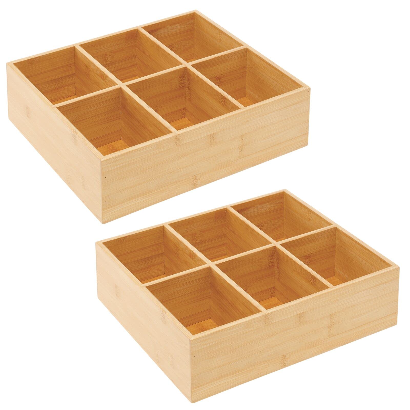 mDesign 2er-Set Teebox – elegante Aufbewahrungsbox mit 6 Fächern aus Bambus – Holzkiste für Teebeutel, Teeei, Gewürze und Co. – naturfarben