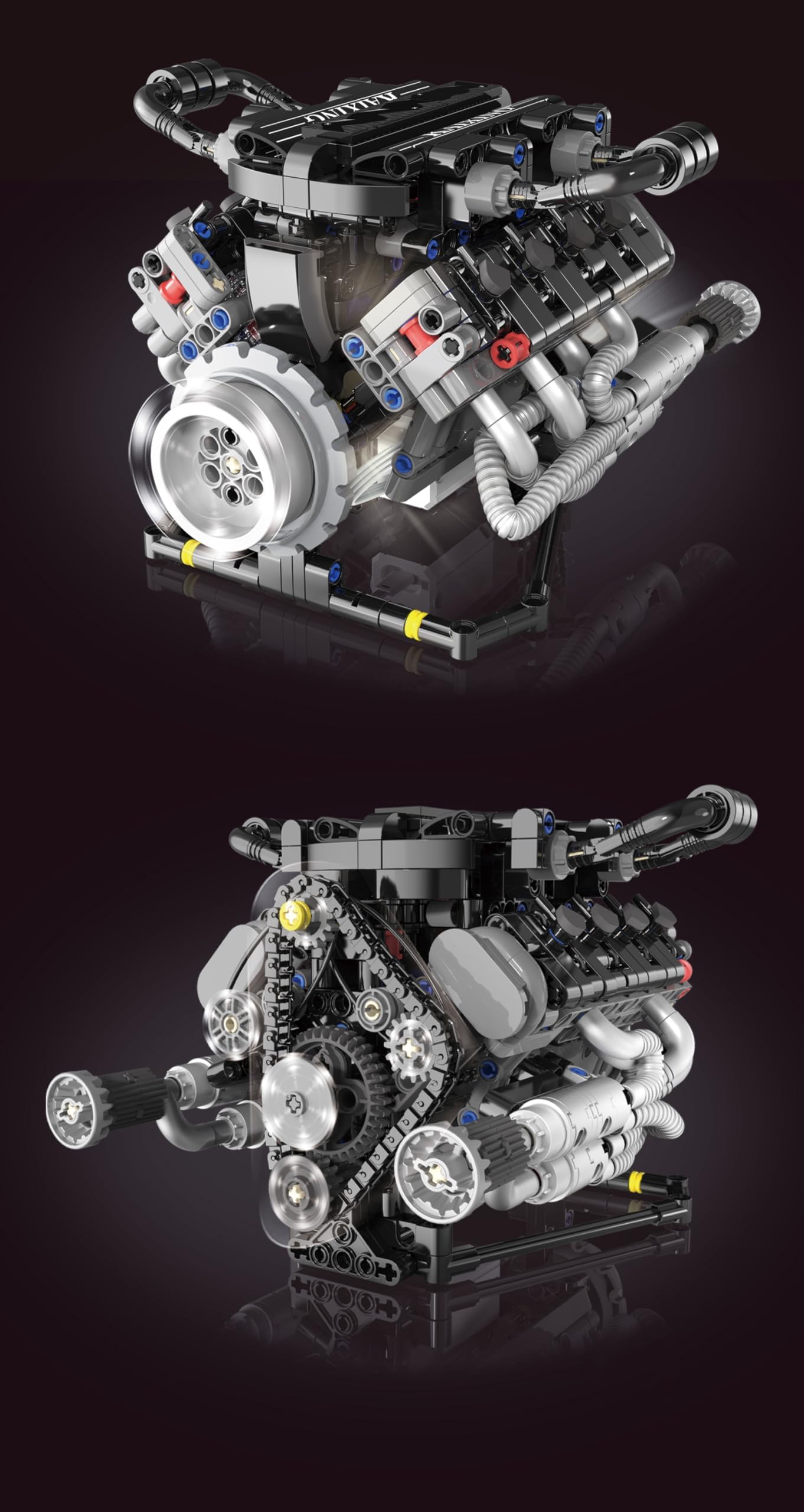V8 Motor Bausteine Spielzeug, APP-gesteuerter V8 Motor Bausatz Auto Klemmbausteine Technik Modell, Enthält Acht-Zylinder und Batteriekasten, als Spielzeug/Geschenk/Sammlerstücke für Auto LKW Fans (D)
