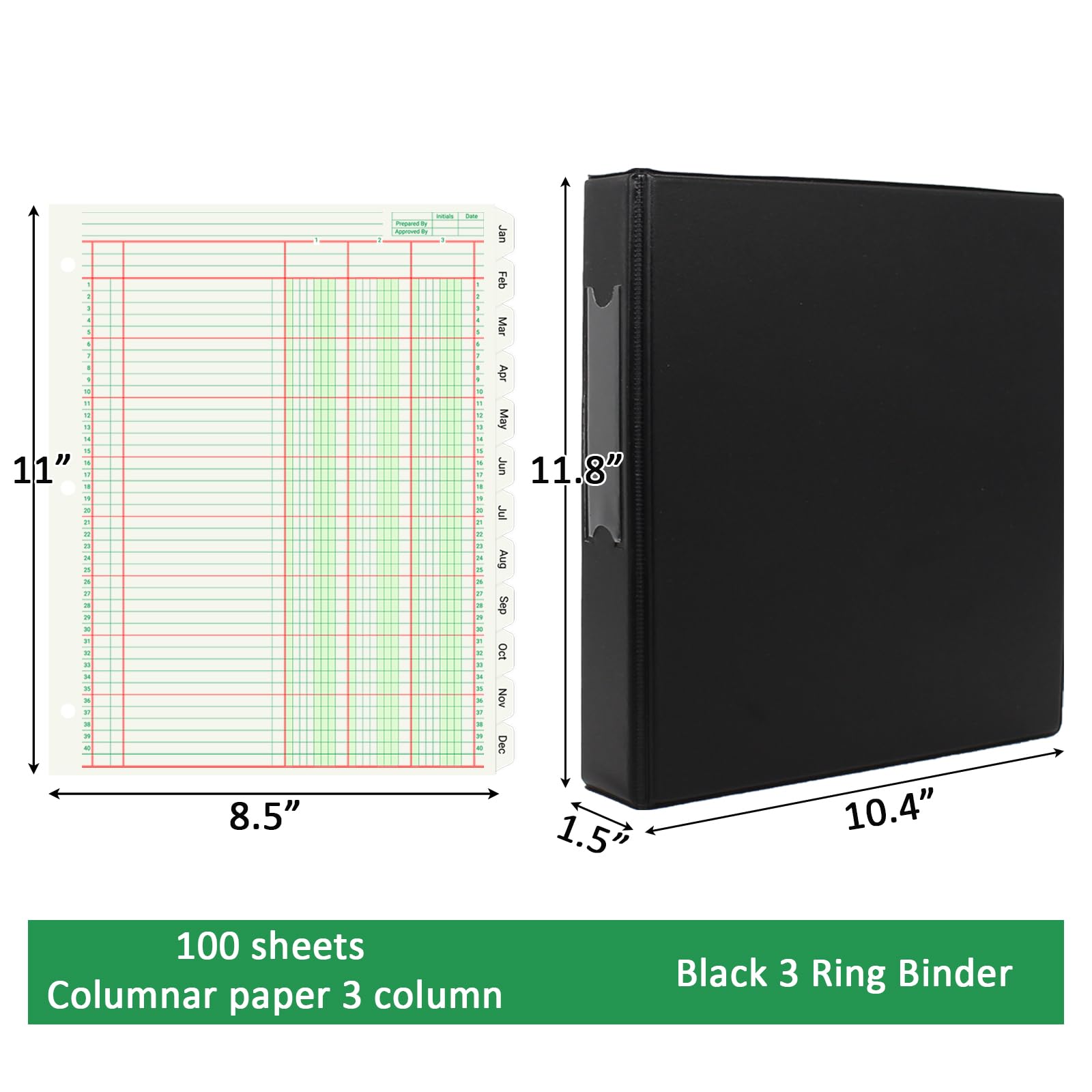 Lot de 100 feuilles de papier comptable avec 3 classeurs à anneaux et onglets mensuels, blocs d'analyse colonnaires à 3 colonnes, carnet de comptabilité rechargeable (21,6 x 27,9 cm)