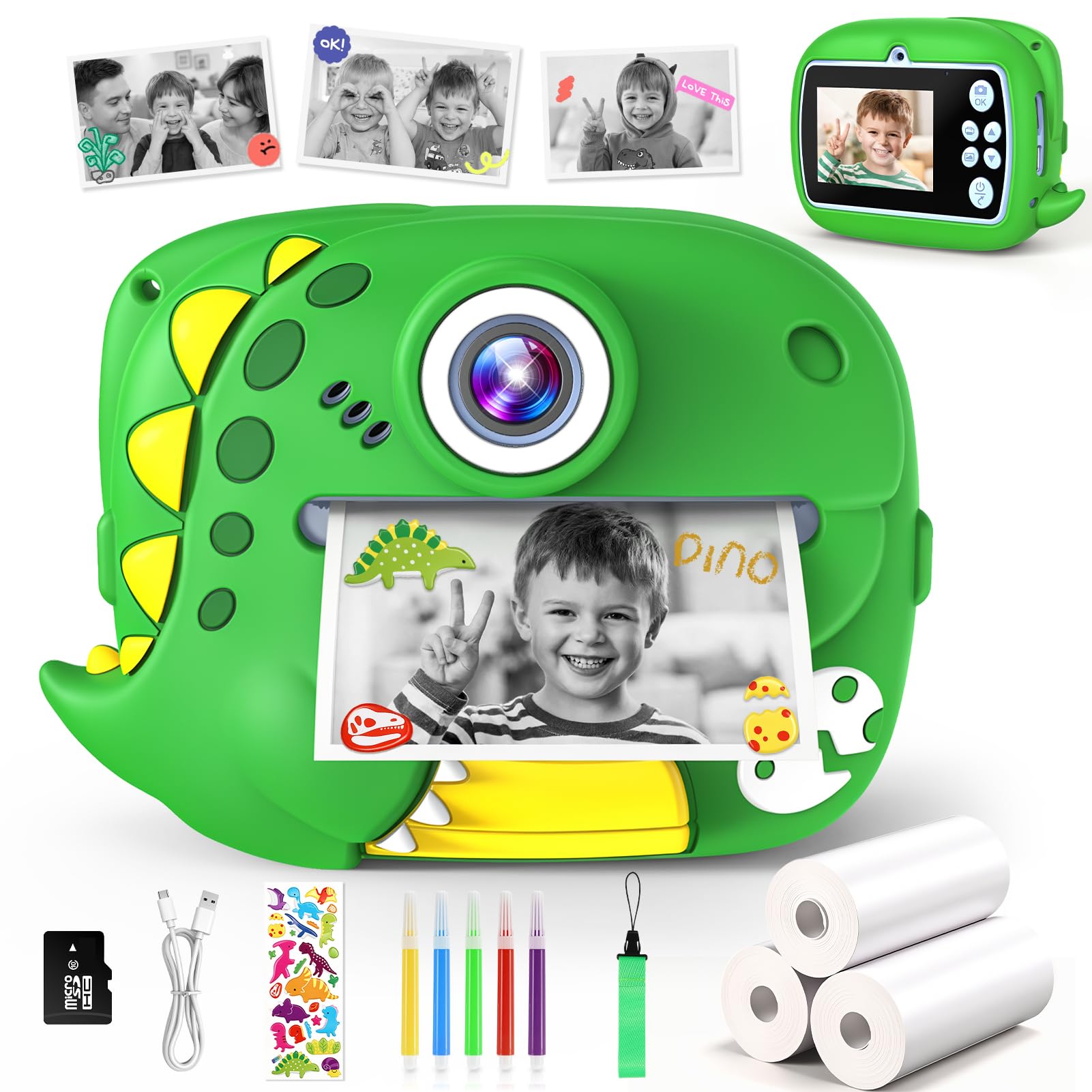 Wootoyz Kinderkamera Sofortbildkamera, Digitalkamera für Kinder Dinosaurier Spielzeug ab 3 4 5 6 7 8 Jahren Junge Geschenkideen Kinderkamera Junge 4 5 6 7 8 Jahre Spielzeug ab 3-12 Jahre