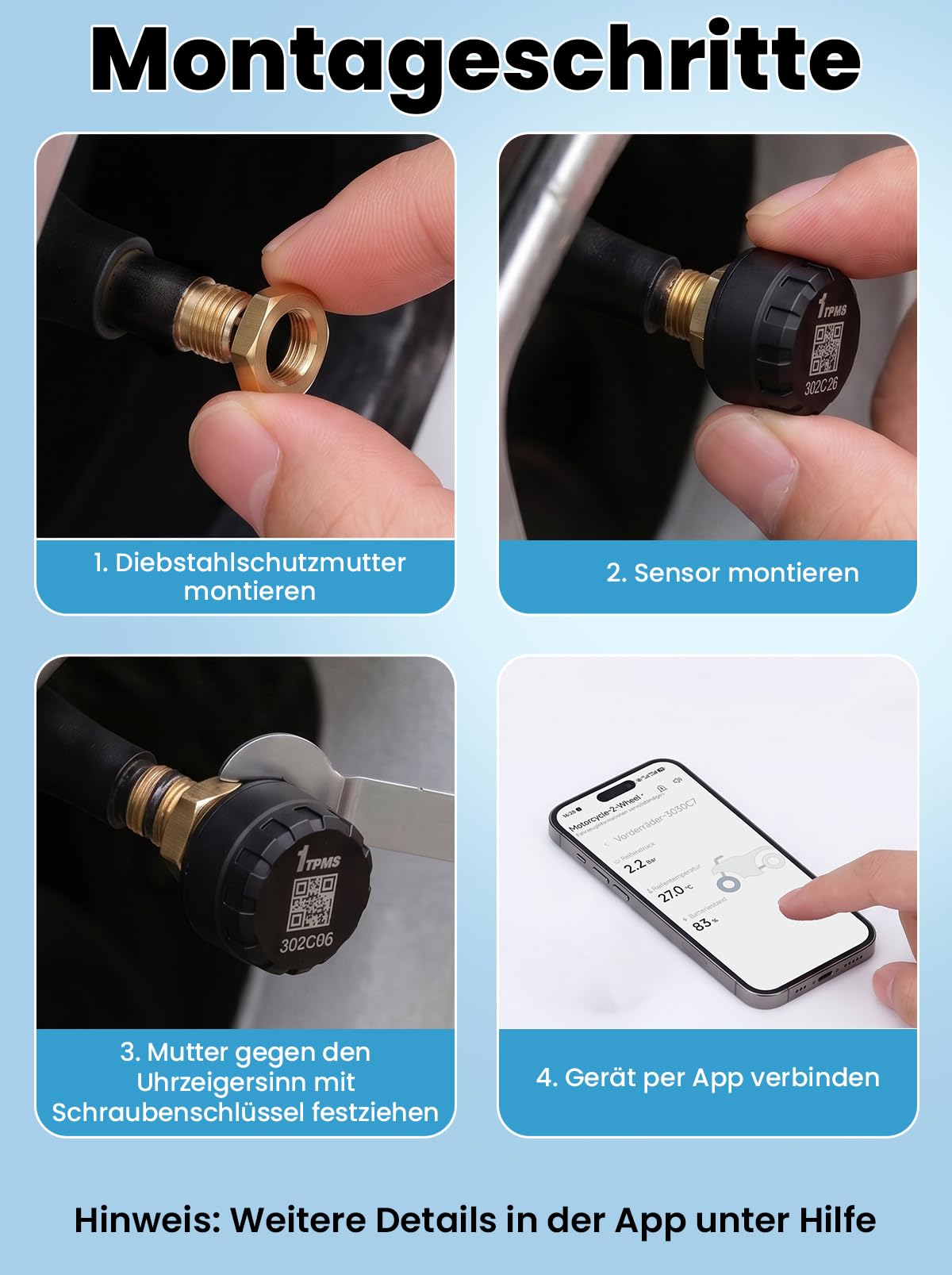 Reifendruckkontrollsystem TPMS Motorrad Auto Drahtlose Reifendrucksensoren mit App Echtzeit Druck Temperatur Alarmfunktion für iOS Android PKW SUV LKW Wohnmobil Universell Ventil Sensor Set