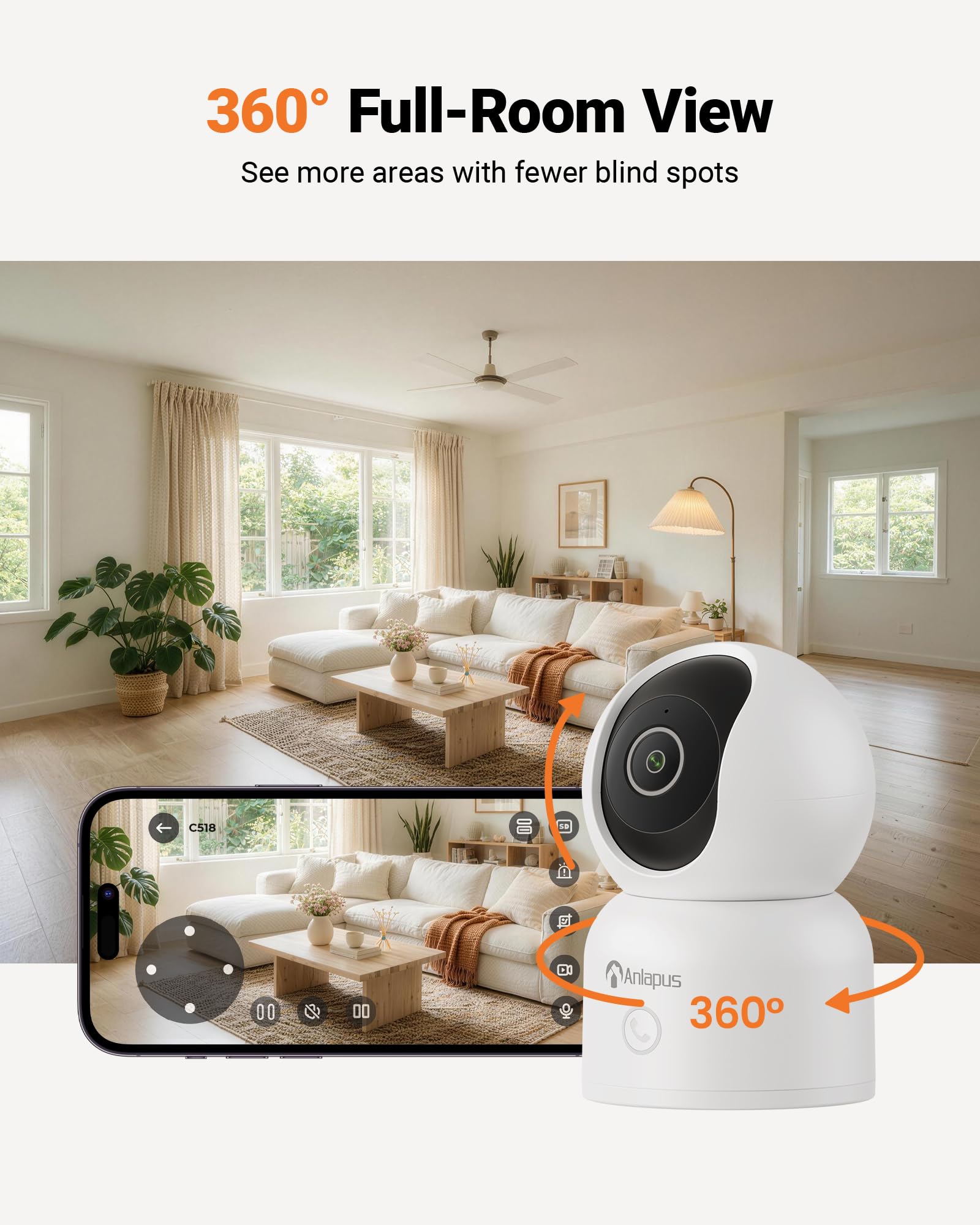 Anlapus 2.5K Cámara WiFi Interior 360° Pan/Tilt 2.4/5GHz