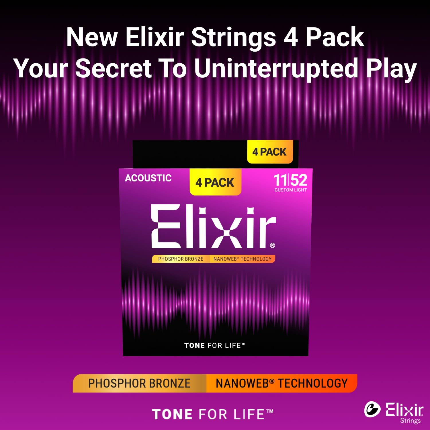 Elixir Strings Struny do Gitary Akustycznej z Brązu Fosforowego z Technologią NANOWEB, Custom Light (.011-.052)