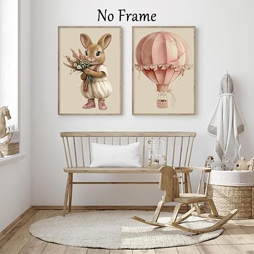 Miniatura 2 de Lienzo de globo aerostático para pared, diseño de conejito estético rosa, acuarela, cuarto de bebé, arte de pared de gato, conejo con flores,