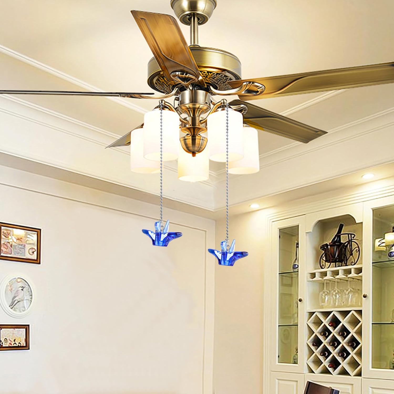 LONGSHENG - SINCE 2001 - 2 Pack Ceiling Fan Pull Chain Ornaments Extension Chains with Decorative Blue Glass Paper Cranes 20 Inches Fan Pull Chain Set For Ceiling Light Lamp Chain