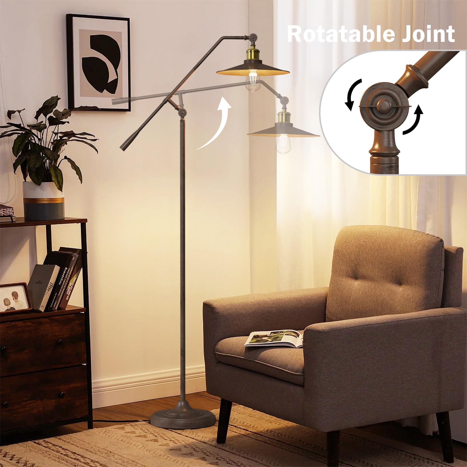 Stehlampe Wohnzimmer Vintage, Dimmbar Stehlampe Industrial mit Fernbedienung, 3000-6000K, Verstellbarer Arm, 6W LED Stehleuchte Retro Metall für Schlafzimmer Büro Arbeitszimmer, Braun