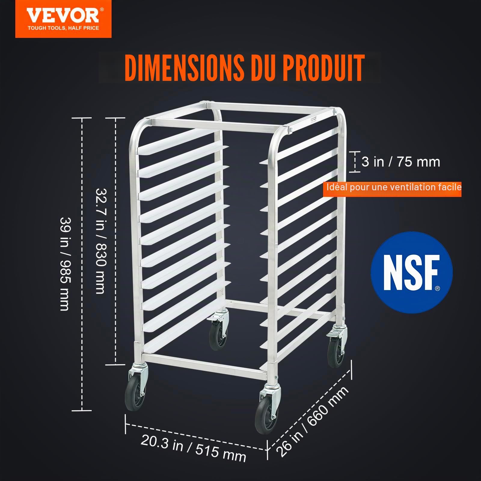 VEVOR Chariot Porte-Plaques pour Boulangerie et Pâtisserie 10 Niveaux, Échelle porte-Plateaux Pâtisserie sur Roues Commerciale, Chariot de Stockage en Aluminium, Cuisson du Pain, 66x51,5x98,5 cm