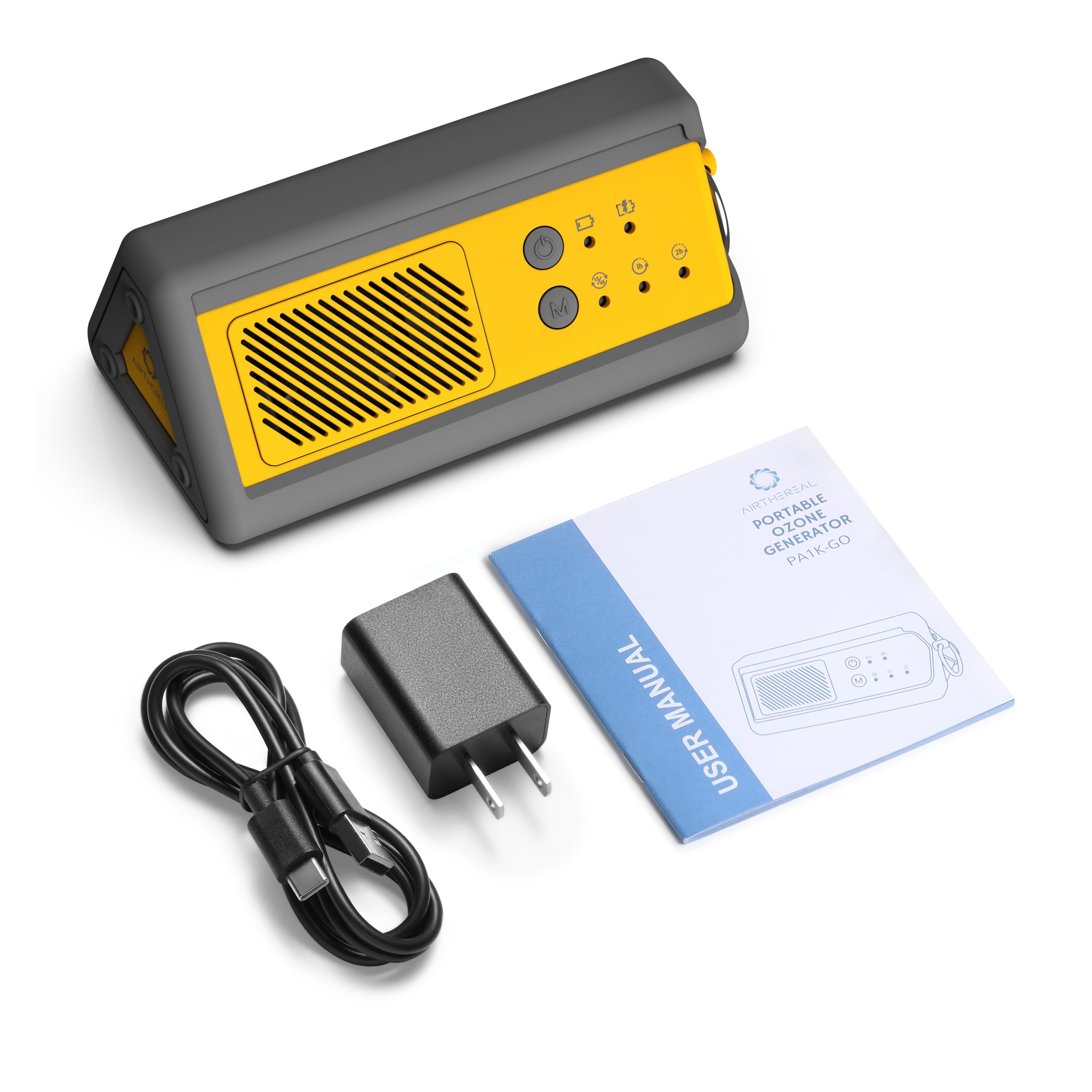 Airthereal PA1K-GO Generatore di Ozono Portatile – Eliminatore di Odori Senza Fili Alimentato a Batteria per Auto, Camera d’Hotel, Ufficio, Bagno e Altri Piccoli Spazi (Giallo/Grigio)