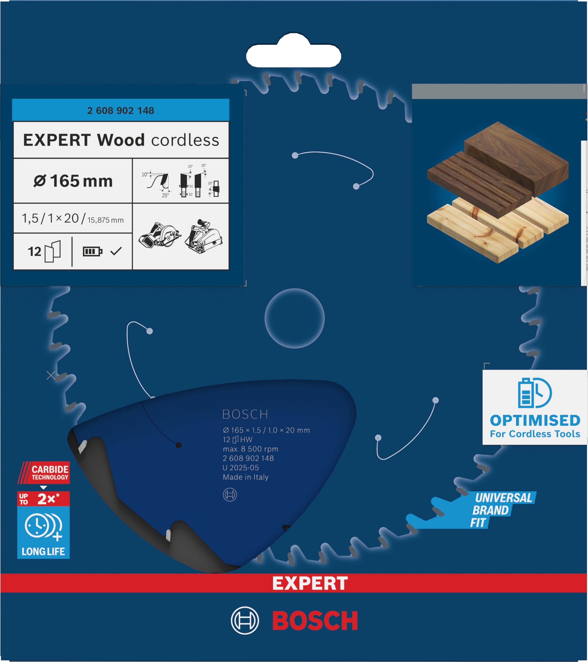 Bosch 1x Lama per sega circolare EXPERT Wood cordless per sega circolare portatile (per Legno tenero, Legno duro, Ø mm, Professional Accessorio Seghe circolari a batteria portatili)