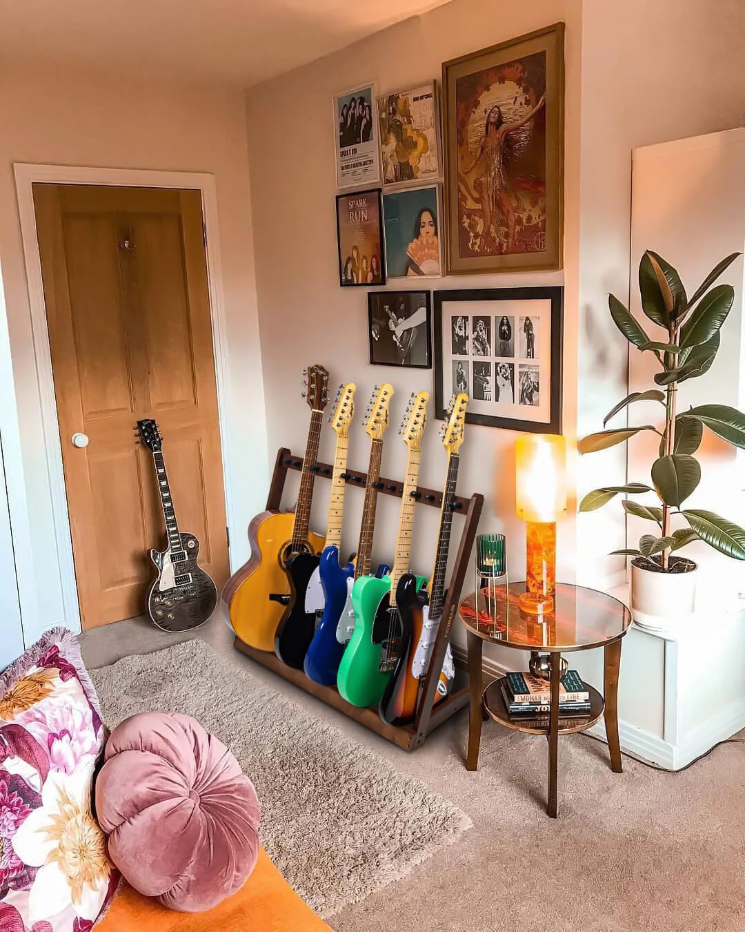 STRICH Support de guitare en bois pour 5 guitares acoustiques ou 8 guitares électriques et basses, support de sol pour plusieurs guitares pour studio et maison